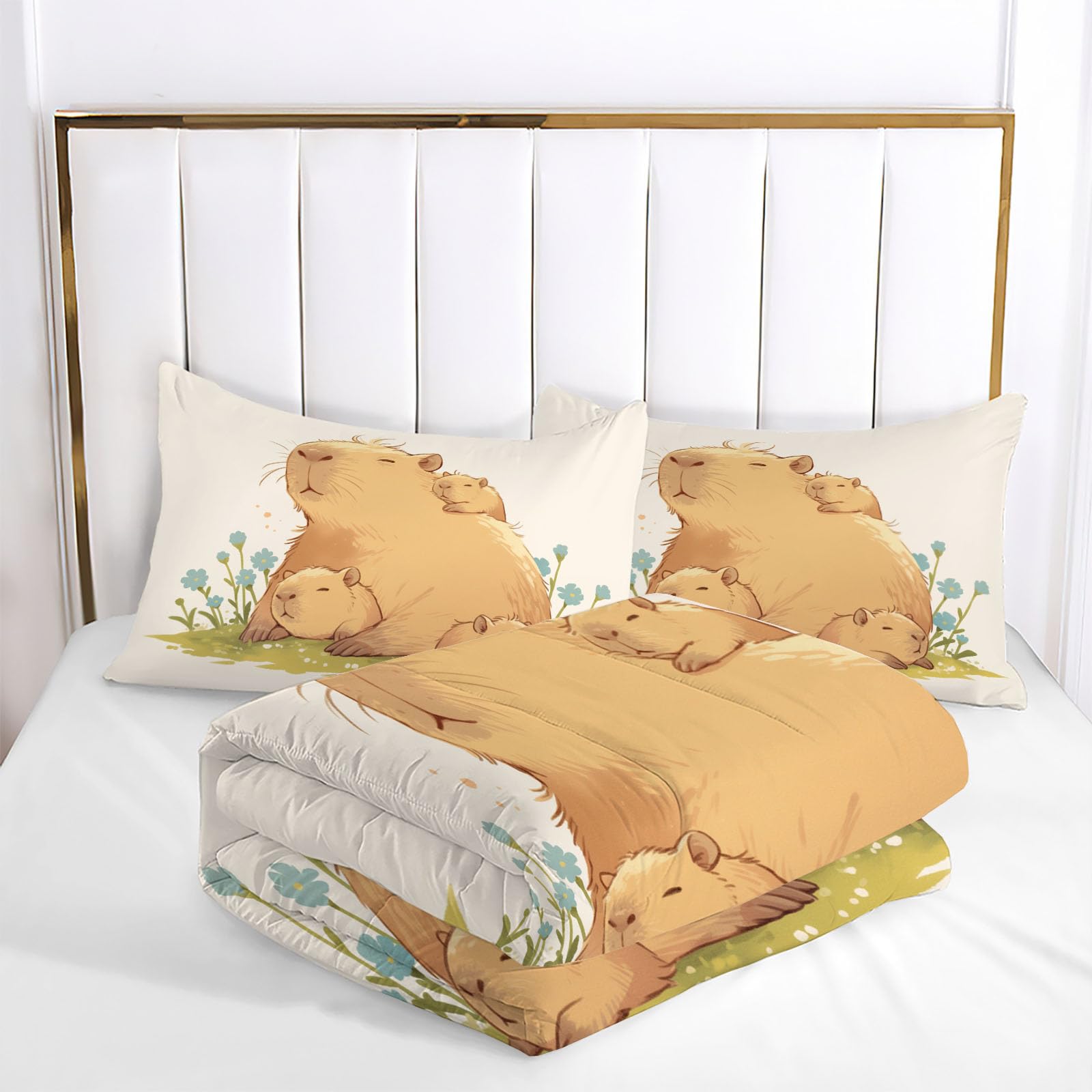 Trapunta Invernale in Ecopiuma, 260x230cm Set Piumone Libri Per Bambini Imbottita 200 gr/mq Caldo e Morbido Piumino Trapuntato Capibara Carini Coperta Letto Reversibile per 4 Stagioni, Marrone Chiaro