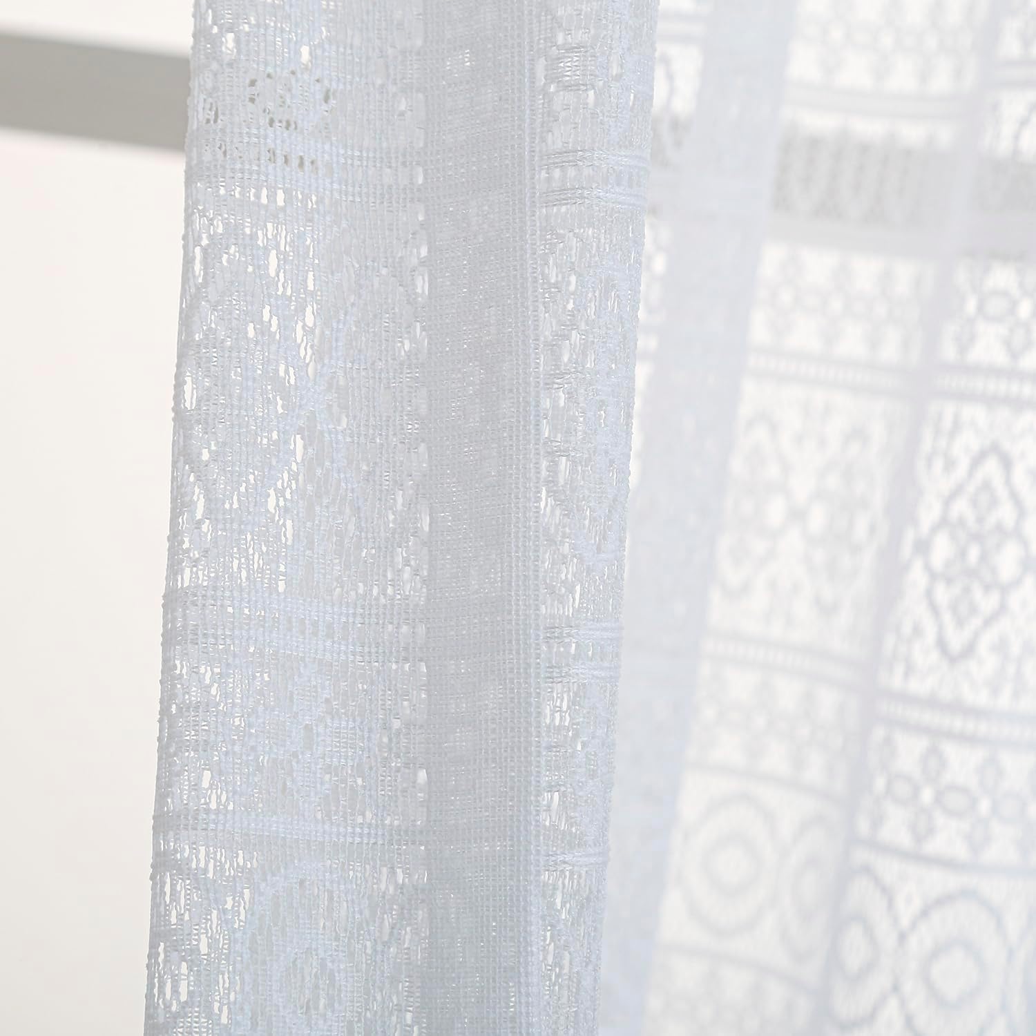 Taisier Home White Lace Curtains 96 Inch Length 2 Panels,Boho Striped Knitted Design Sheer Lace Curtains for Bedroom, Rod Pocket Vintage Privacy Lace Window Panel Set, 58 x 96 Inch Each, White