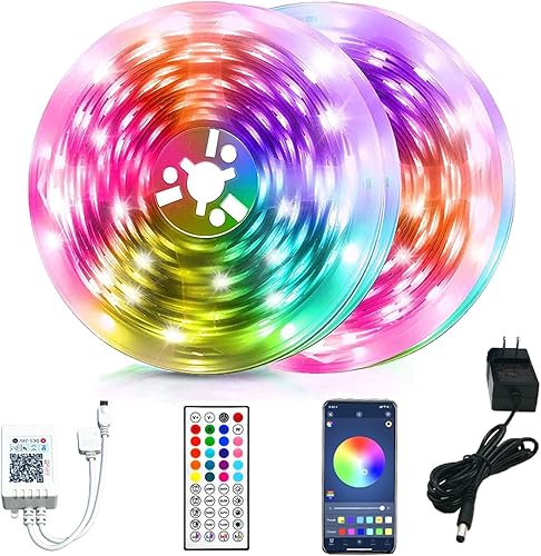 Luces LED para dormitorio de 50 pies (2 rollos de 25 pies), tira de luces LED Bluetooth, sincronización de música, cambio de color con control