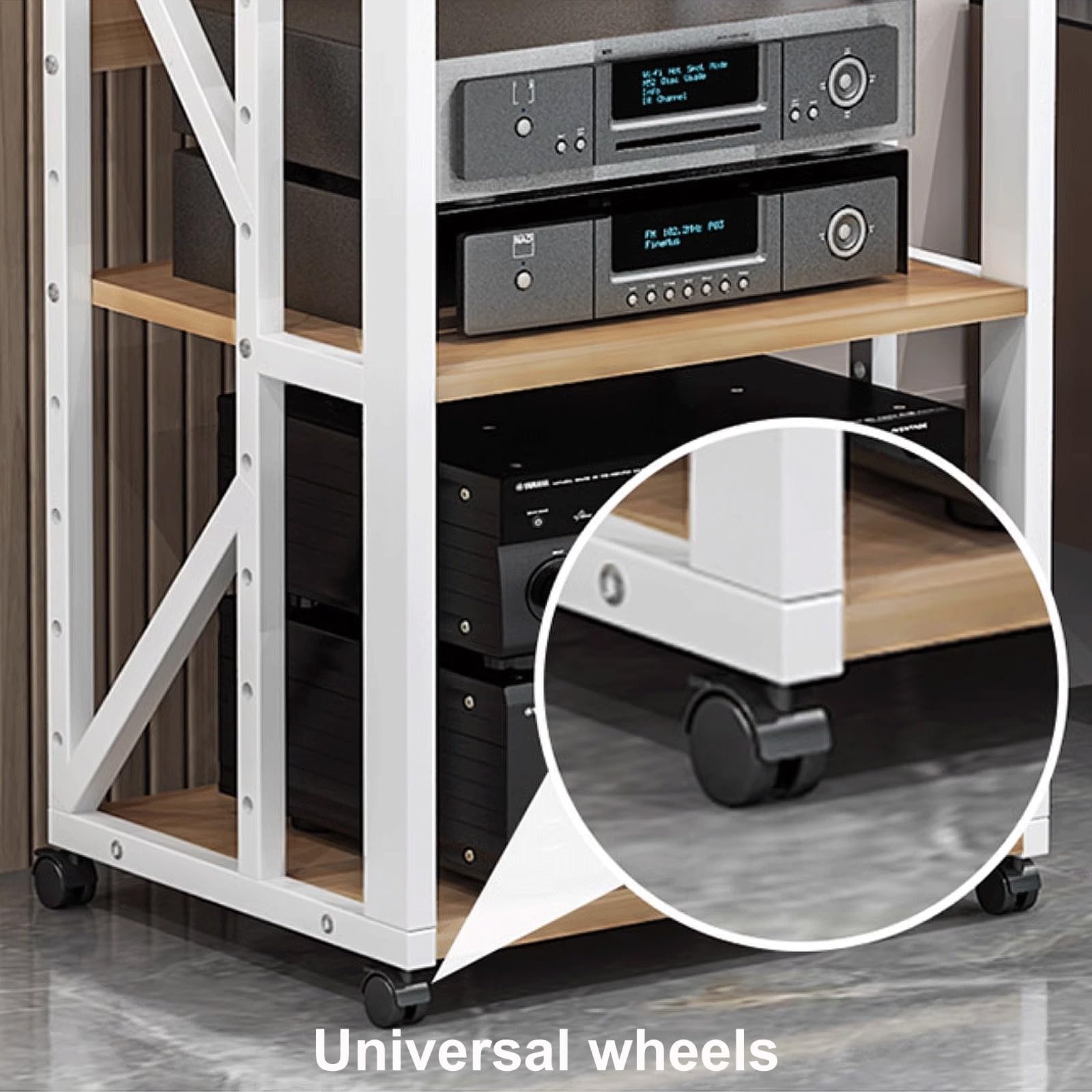 Regał Metalowy Stabilny Stojak Audio z Drewna Konstrukcyjnego + Stal, Stojak na Sprzęt Audio Minimalistyczny Wieża na Sprzęt Audio z Kółkami 3 Rozmiary 2 Kolory(White+natural,4 layer)