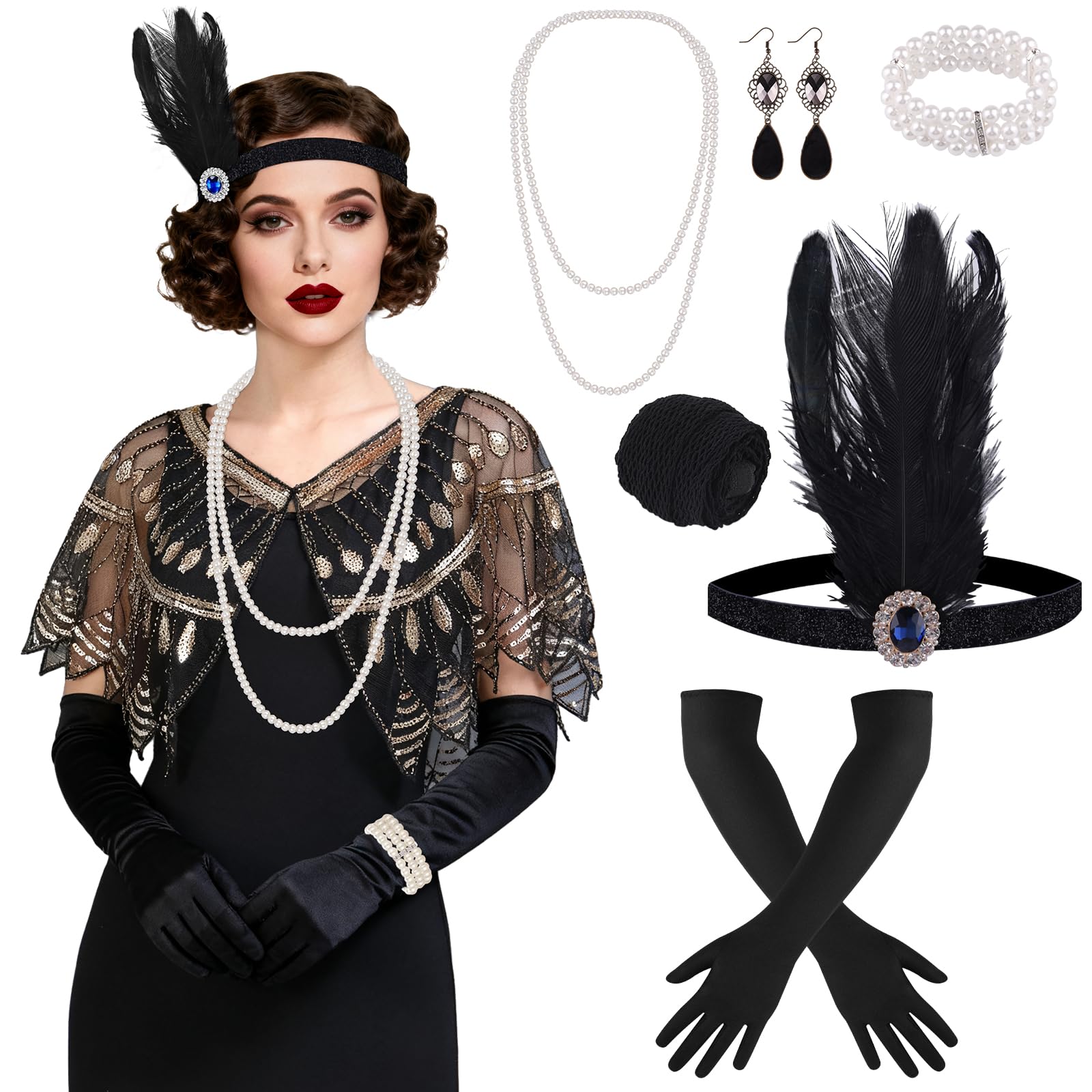 ELECLAND 10 Pieces 1920s Flapper Great Gatsby Accessories Set Fashion Roaring 20's Theme Set including Headband Headpiece Long Black Gloves Necklace Earrings for Women (Black Gold