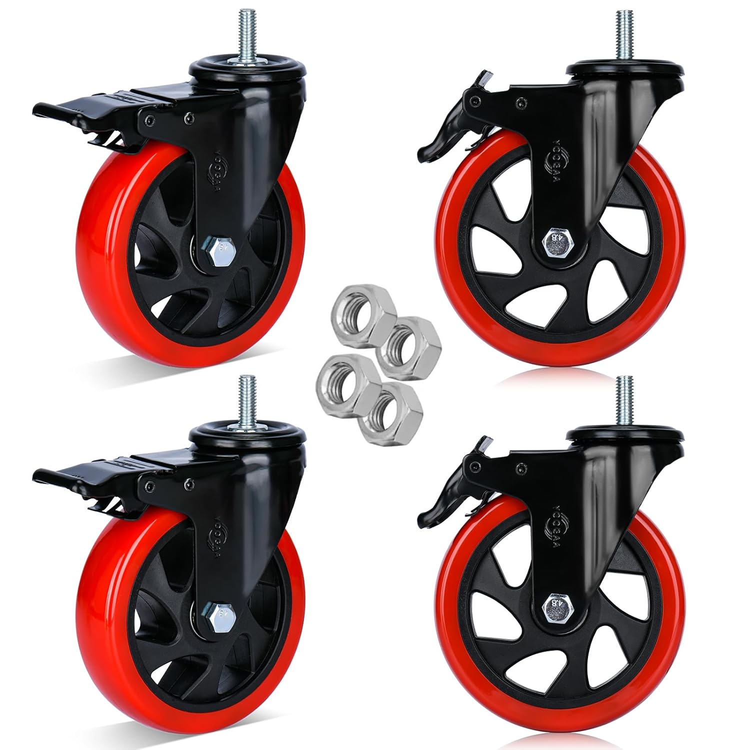 YOOGAA Caster Wheels 5 inch Total Locking Stem Casters 3/8" -16 x 1 Threaded Stem Casters Load 1500lbs Swivel Casters Set of 4 Heavy Duty Castors