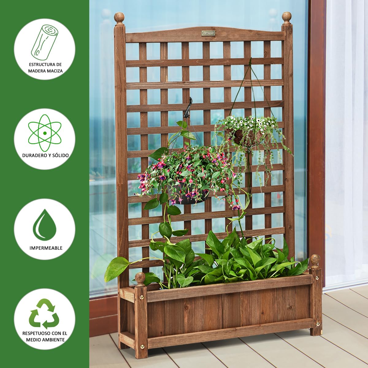 GOPLUS Jardinera Elevada con Enrejado, Cama de Jardín de Madera de Abeto con Espaldera de Celosía, Agujeros de Drenaje, 4 Ruedas, Macetero Móvil para Plantas Trepadoras, Flores, Frutas (sin Ruedas)