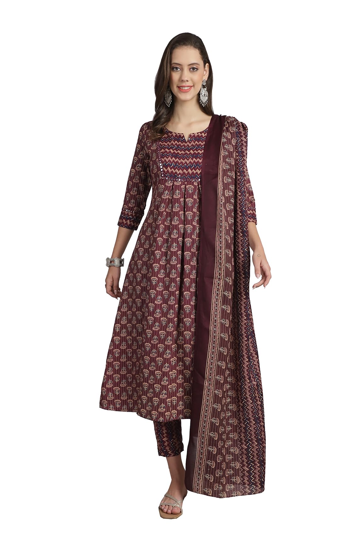 merira Women's Cotton Blend Jaipuri Printed Kurta & Pant with Dupatta (MRAST218-P_Wine & Beige_P)-picture-21