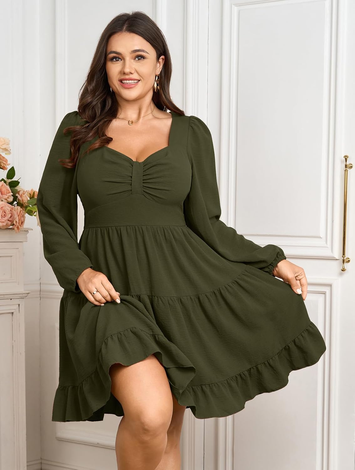 SCOMCHIC Women's Plus Size Dresses Cocktail Long Sleeve Sweetheart Neckline A Line Boho Cute Flowy Fall Mini Short Dress - Image 4