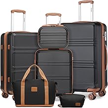 KONO Kofferset Reisekoffer Set Gepäcksets 6 Teilig, Koffer Set mit Beautycase Kosmetikkoffe mit Handgepäck Reisetasche mit Kulturbeutel (Schwarz/Braun)