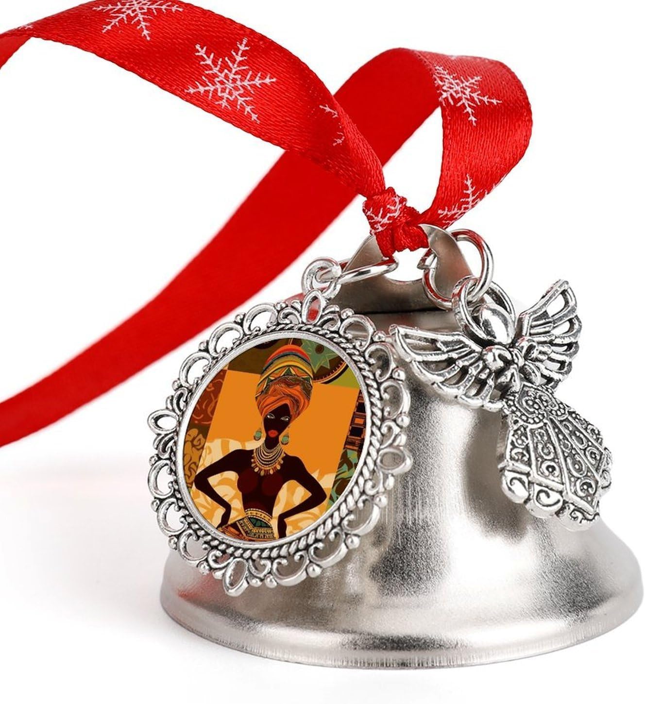 African Woman Bell Ornament Red Ribbon for Christmas Tree Holiday Decoration Personality Believe Bell Ornaments Sleigh Bells for Winter New Year Party Supplies