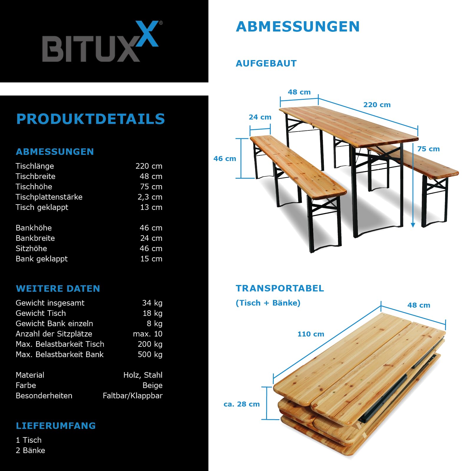 BITUXX Faltbare Bierzeltgarnitur Biertischgarnitur Bierbankgarnitur Festzeltgarnitur Biergartengarnitur Bierbank Biertisch Klappbar 1x Tisch 2X Bänke 216cm