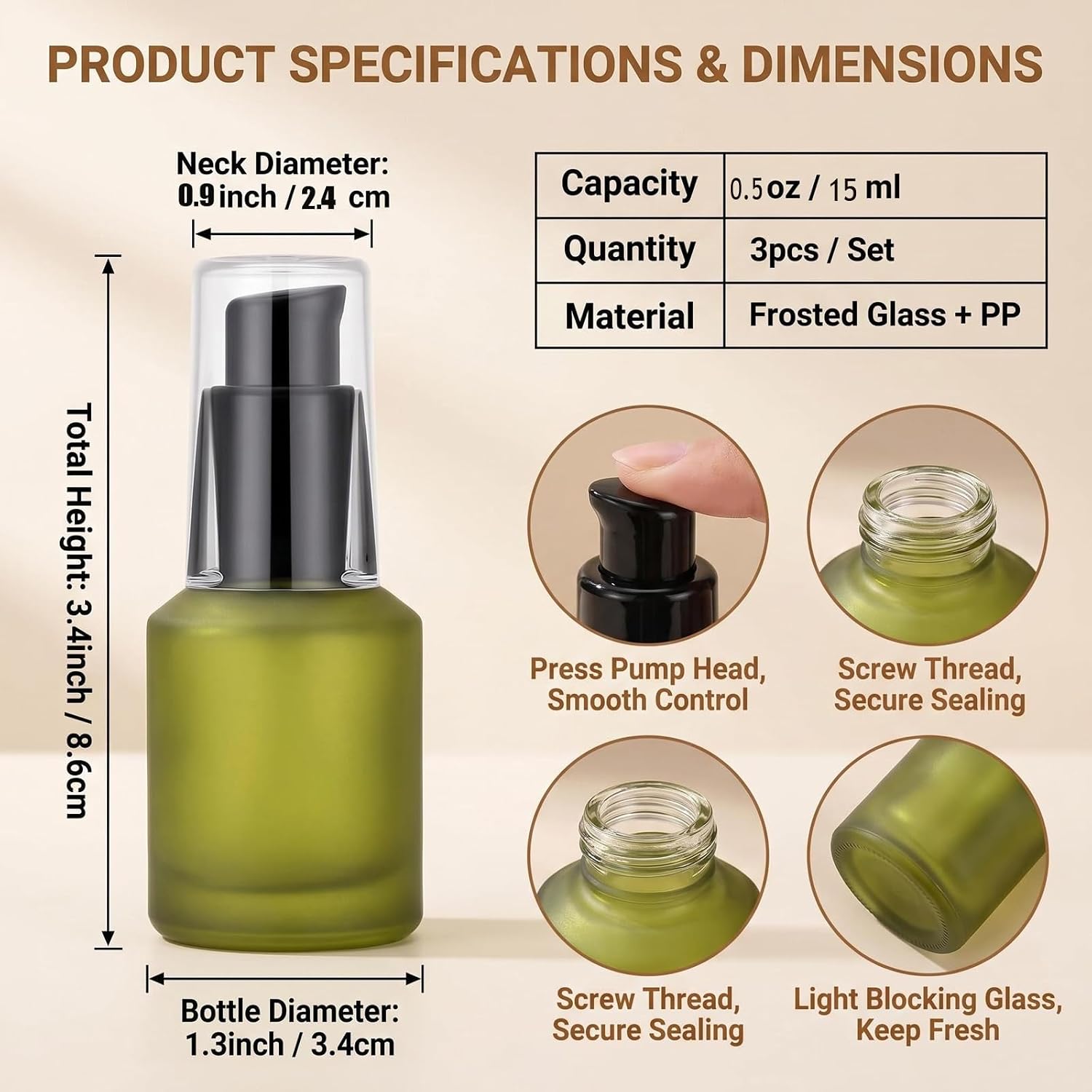 3 Pcs 15ml Glass Travel Pump Bottles Refillable Lotion Toiletries