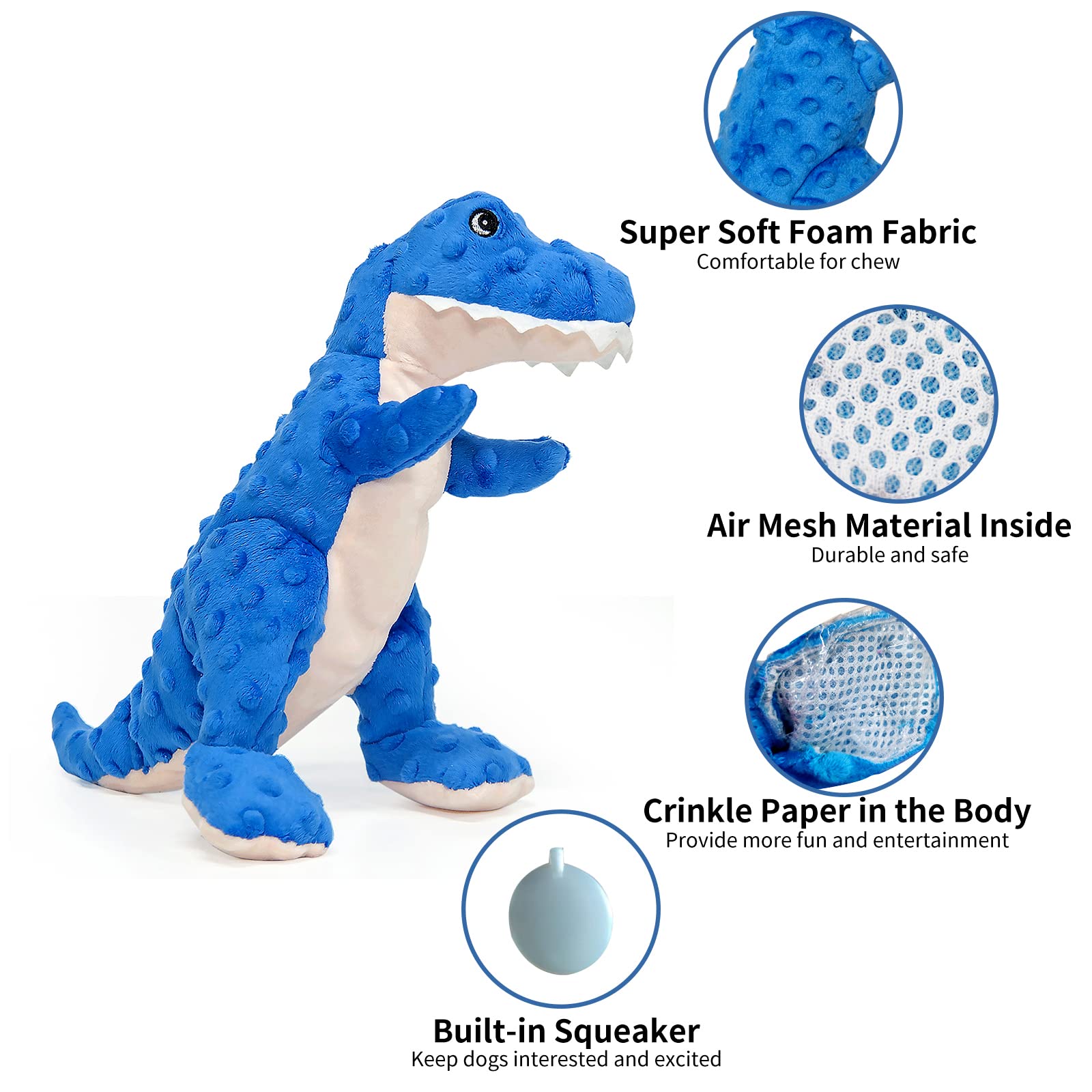 DODODOLA Giocattolo di peluche per cani con carta increspata, simpatico dinosauro che squittisce, giocattoli da masticare per cani di taglia media e grande