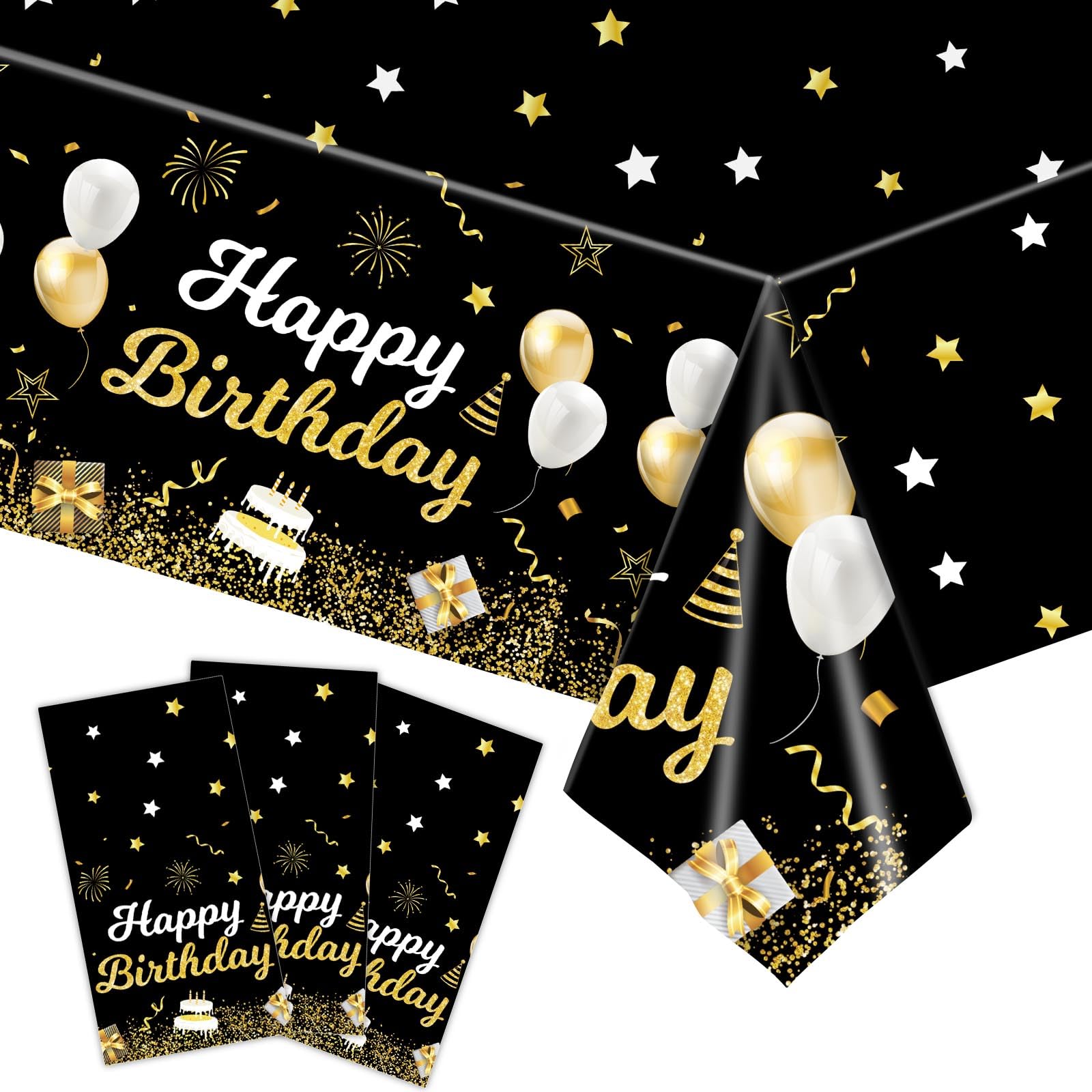Photo 1 of *** IMAGE SIMILAR NOT EXACT*** Plastic Birthday Tablecloths, Black and Gold Happy Birthday Table Covers 54 x 108 Inches, Disposable Birthday Party Rectangle Tablecloth Decorations for Adults and Kids Birthday Home Party