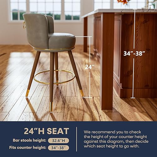 Miniatura 3 de SeekFancy Juego de 2 taburetes de bar de 24 pulgadas, altura de encimera, con respaldo, sillas de bar giratorias 360, patas de madera y reposapiés,