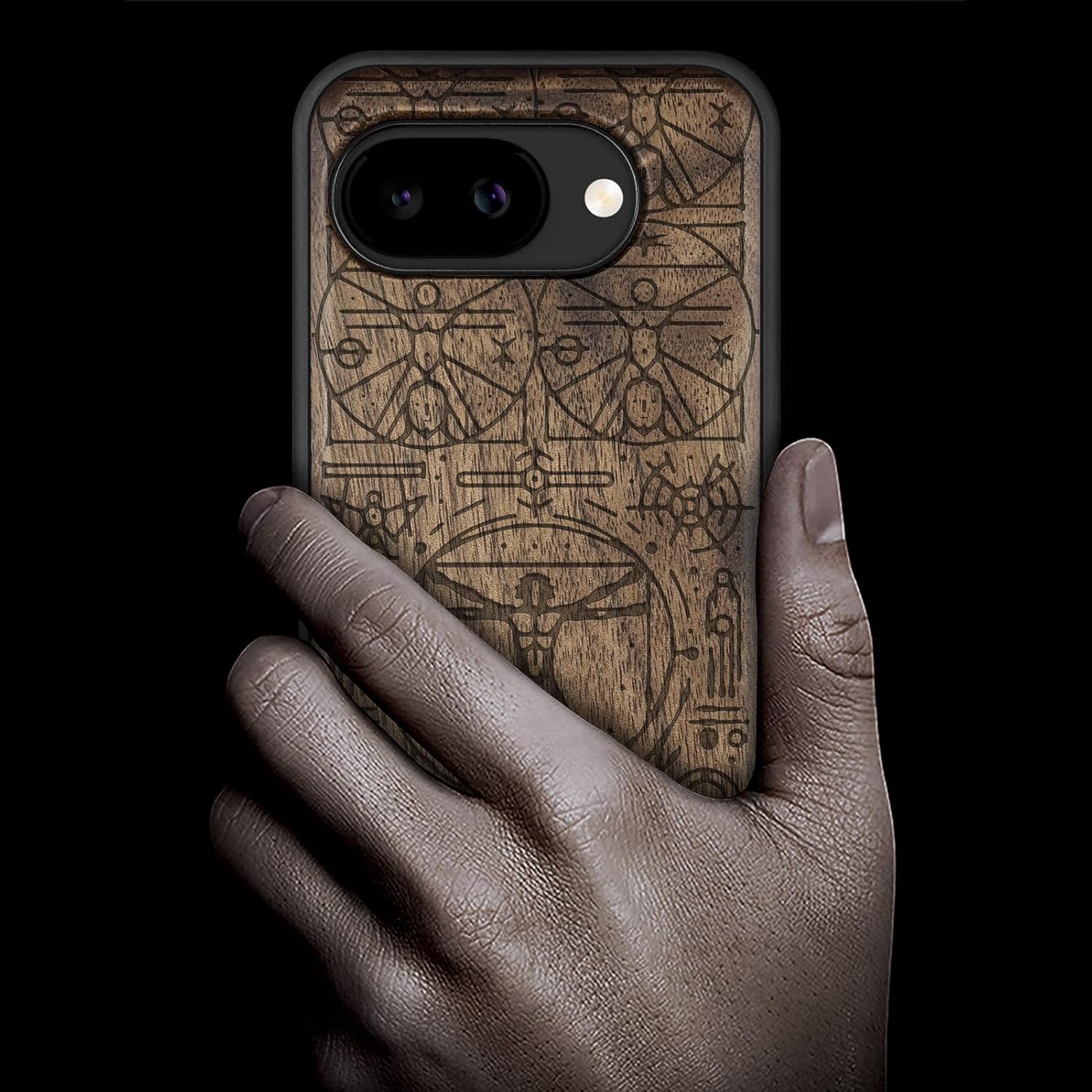 Carveit Magnetic Wooden Case for Google Pixel 10a Case, Wood Artisan Engraved & Soft TPU Shockproof Cover, Compatible with MagSafe Wireless Chargers (Vitruvian Man) Walnut