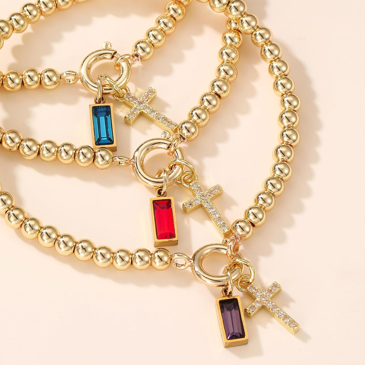 Korotho Cross Birthstone Bracelet for Women - Dainty Elastic 14K Gold Plated Bead Bracelets Trendy Waterproof Non Tarnish Birthday Jewelry Gifts Birthday Christmas Stocking Stuffer for Mom Friends - Image 5