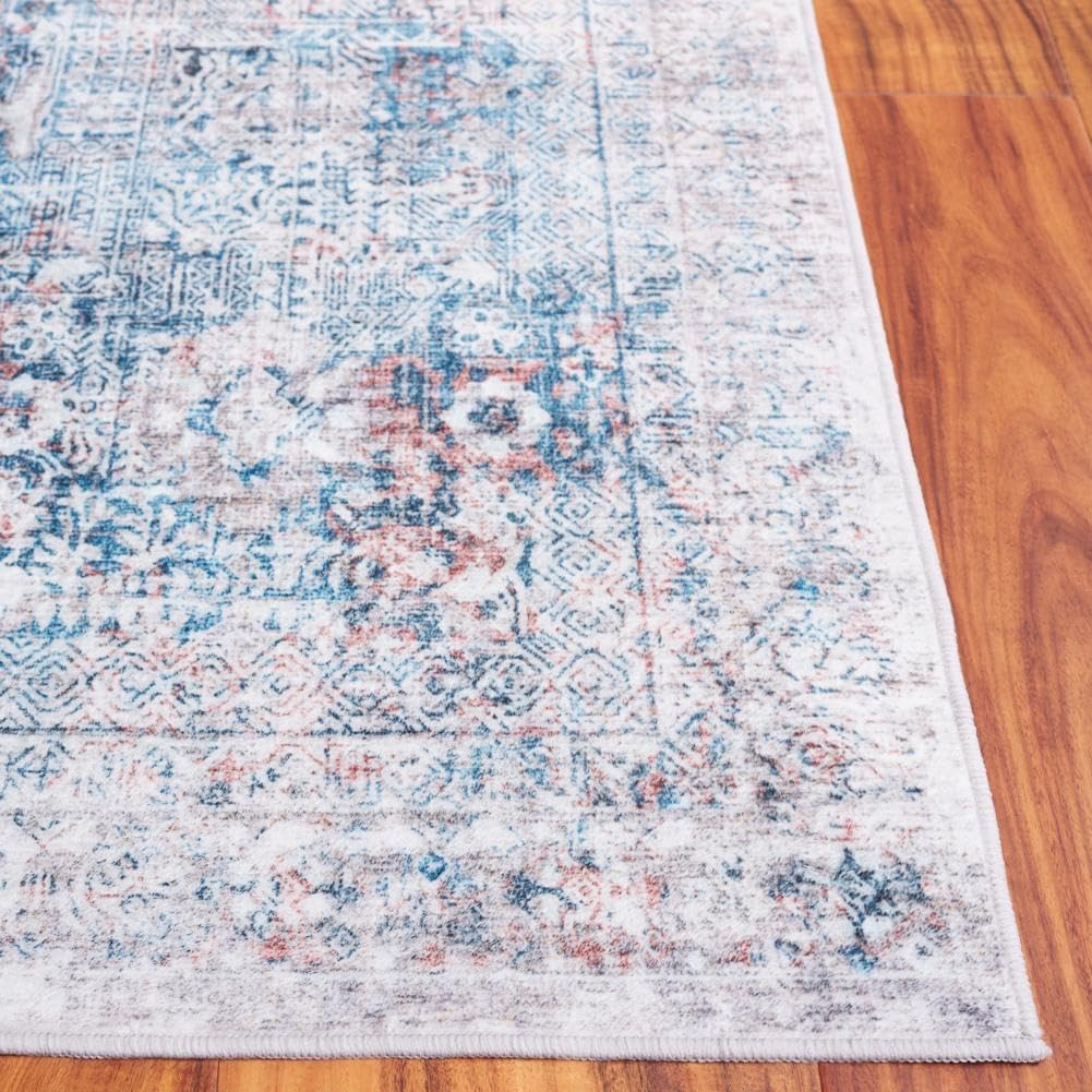 SAFAVIEH Washable Rug Santa Monica Collection - 3' x 5', Blue & Rust, Slip Resistant & Easy to Clean, Ideal for Foyer, Entryway, Kitchen, Bedroom (STM539M)