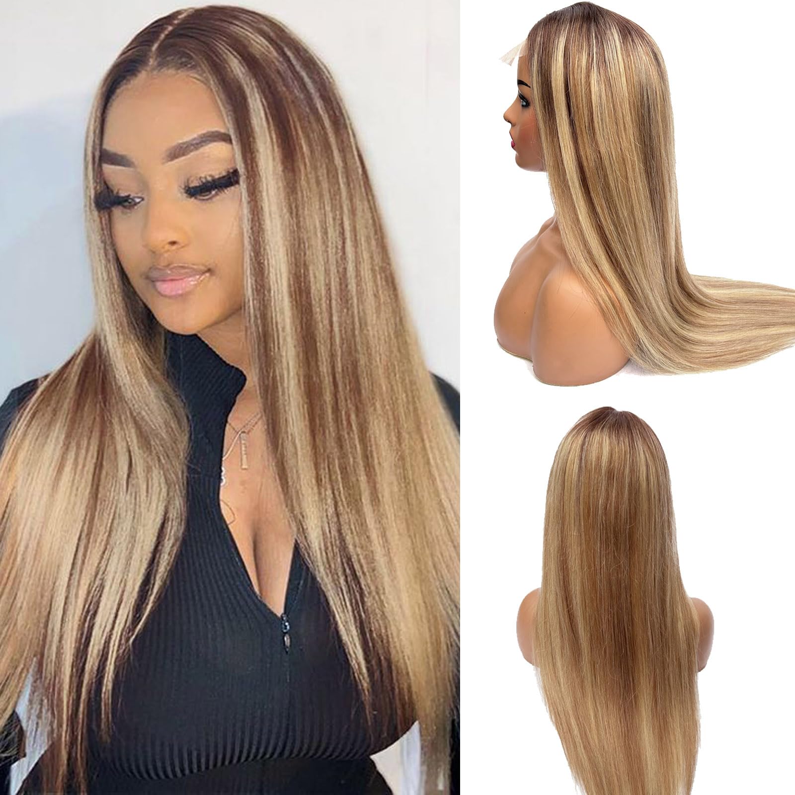 OiMiGO Upgrade-Ombre Lace Front Wig Human Hair with Highlight, Straight Glueless Human Hair Wig Bleached Knots Fake Scalp and Natural Hairline,Frontal