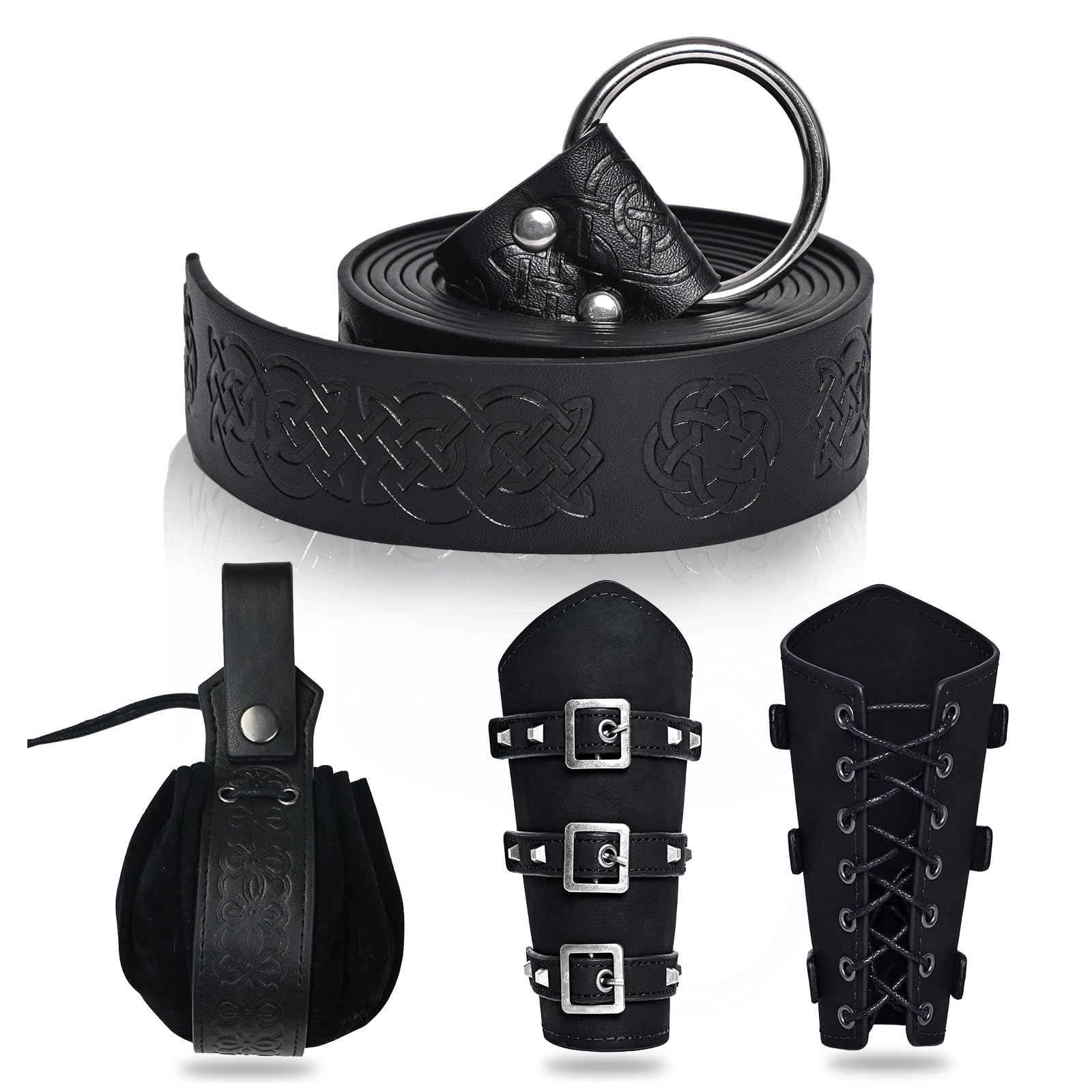 JDFAIJEAL Medieval Knight Accessories Set for Men & Women - Renaissance PU Leather Belt, Adjustable Arm Bracers,Vintage Waist Pouch