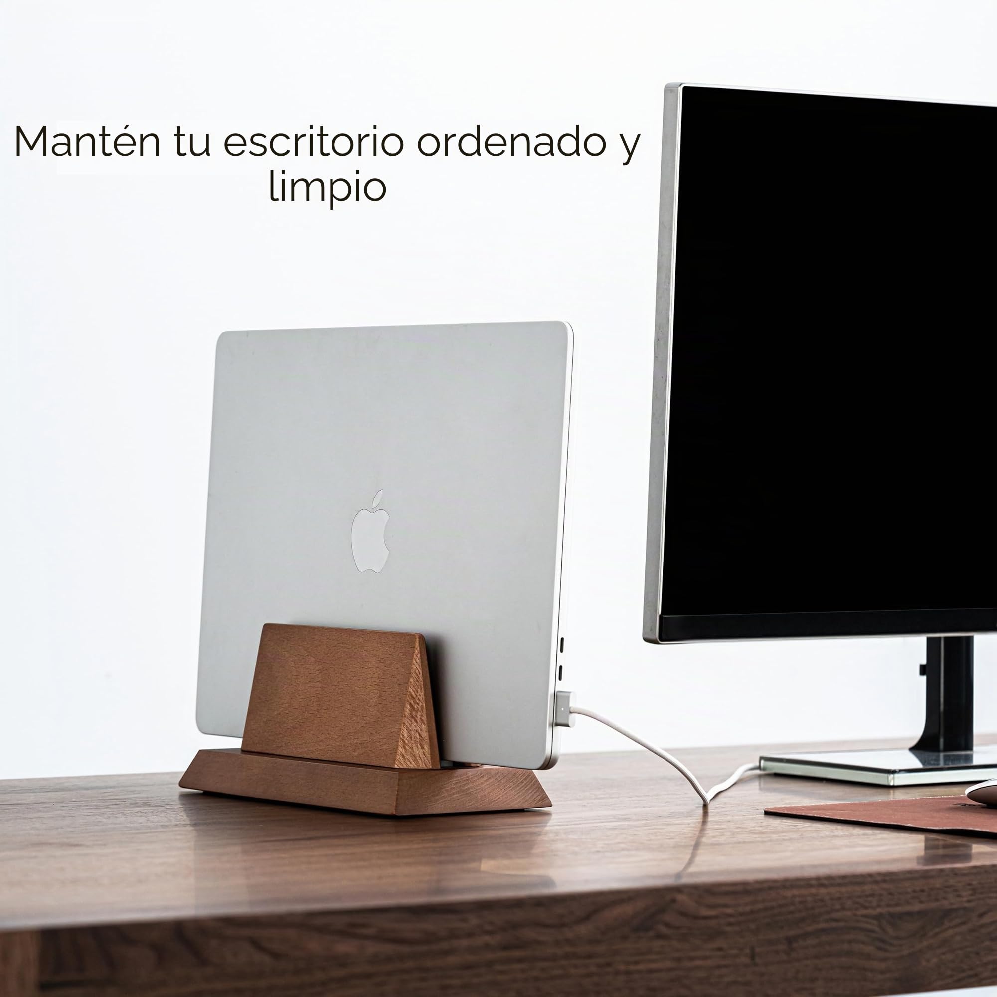 Soporte vertical para laptop, organizador de madera maciza para MacBook | Ancho ajustable, compatible con todos los portátiles y almohadillas, base resistente y estable, hecho de haya de calidad
