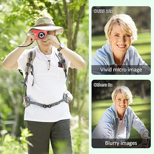 Miniatura 3 de Cámara digital para niños cámara digital de 27 K para adolescentes niños y niñas cámara de zoom digital 16X con tarjeta SD de 32 GB y 2 baterías rojo