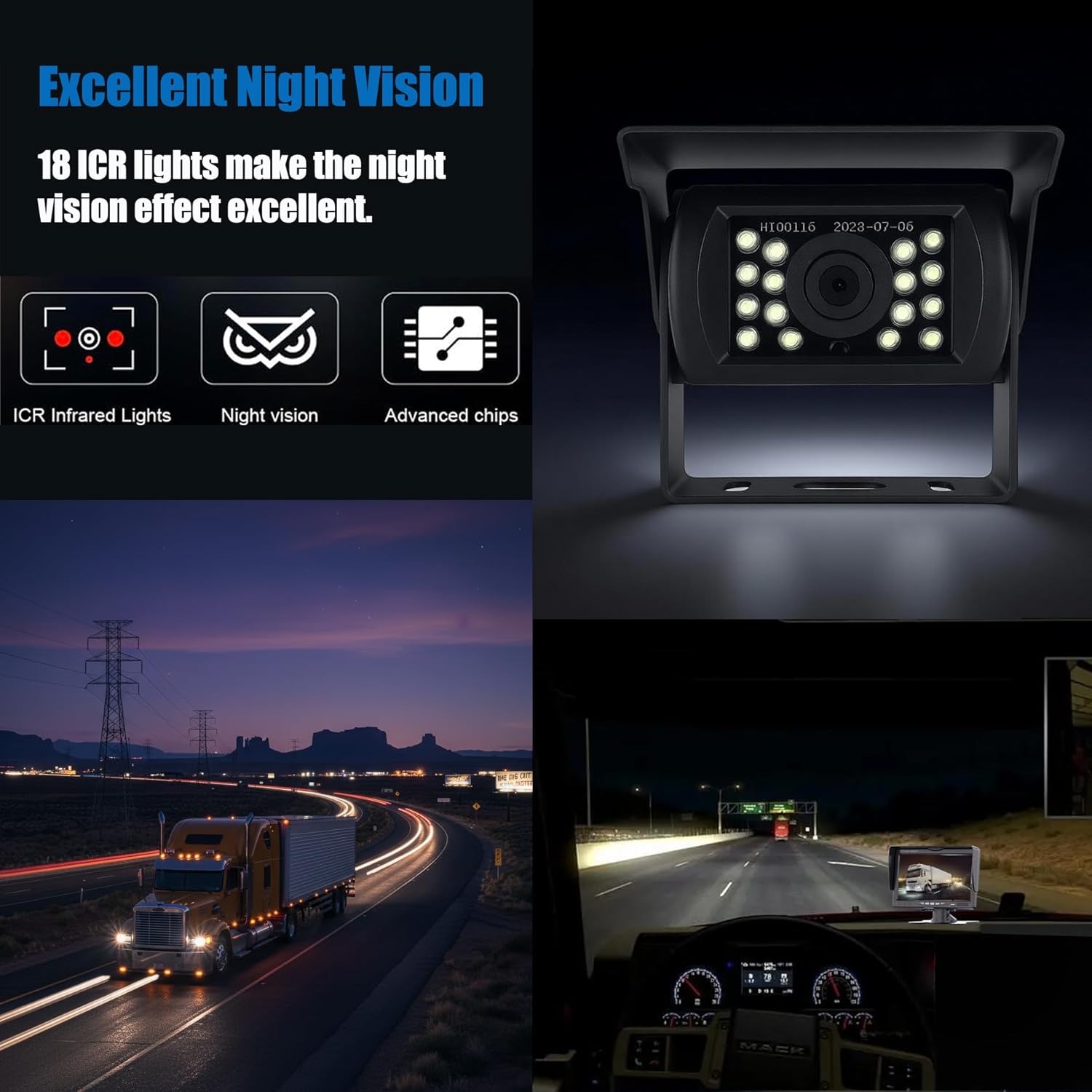 Backup Camera Monitor Kit,7" HD 1080P Monitor,IP69 Waterproof Rearview Reversing Rear View Camera for Truck Trailer Semi-Trailer Box Truck RV Pickup Truck,Easy Installation (Dual Cam)