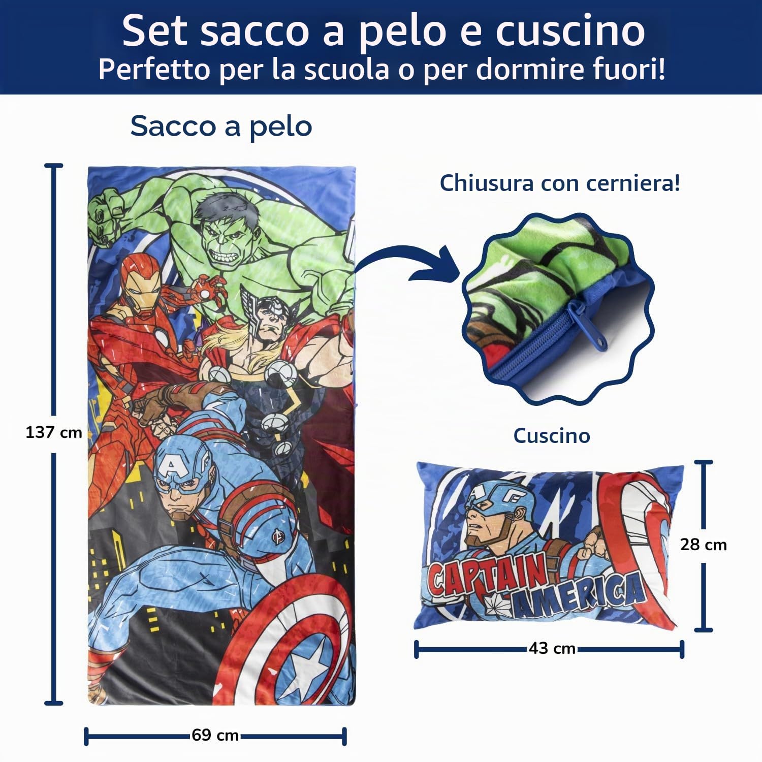 Set sacco a pelo e cuscino Marvel Avengers - Comodo sacco nanna da viaggio con manico, ideale per gite scolastiche e pigiama party