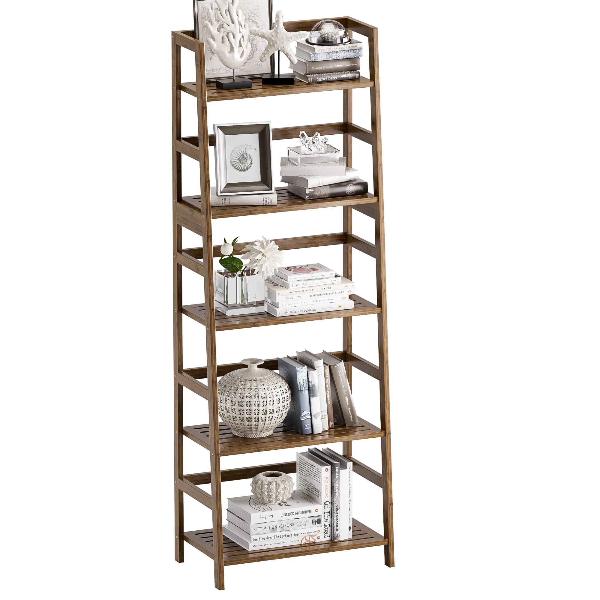 vovala Ladder Shelf, 5-Tier Bookshelf, All Bamboo Heavy Duty Bookcase, Freestanding Open Wood Storage Rack, Modern Corner Display Plant Stand for Living Room, Home Office, Bathroom, Bedroom, Walnut