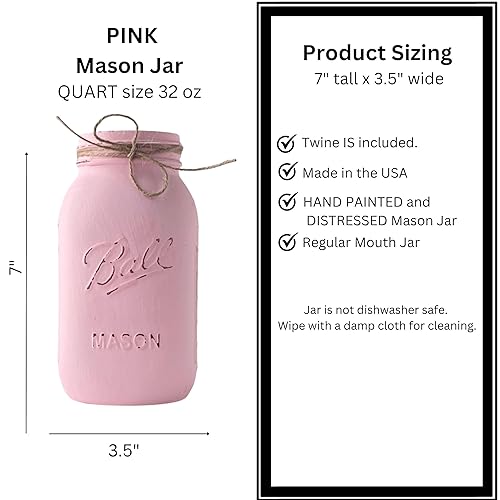 Miniatura 3 de Pink Mason Jars - Hand Painted Distressed Mason Jar, QUART 32 oz. Regular Mouth, Rustic Farmhouse Mason Jar With Twine, Pink Flower Vase, Baby