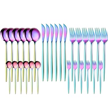 Devine Details Premium Stainless Steel 410 Tableware Rainbow Knife, Fork & Spoon - 30 Pieces Cutlery Set - Modern Flatware Utensils Set - Luxury Dinnerware for Home & Kitchen Dining Table