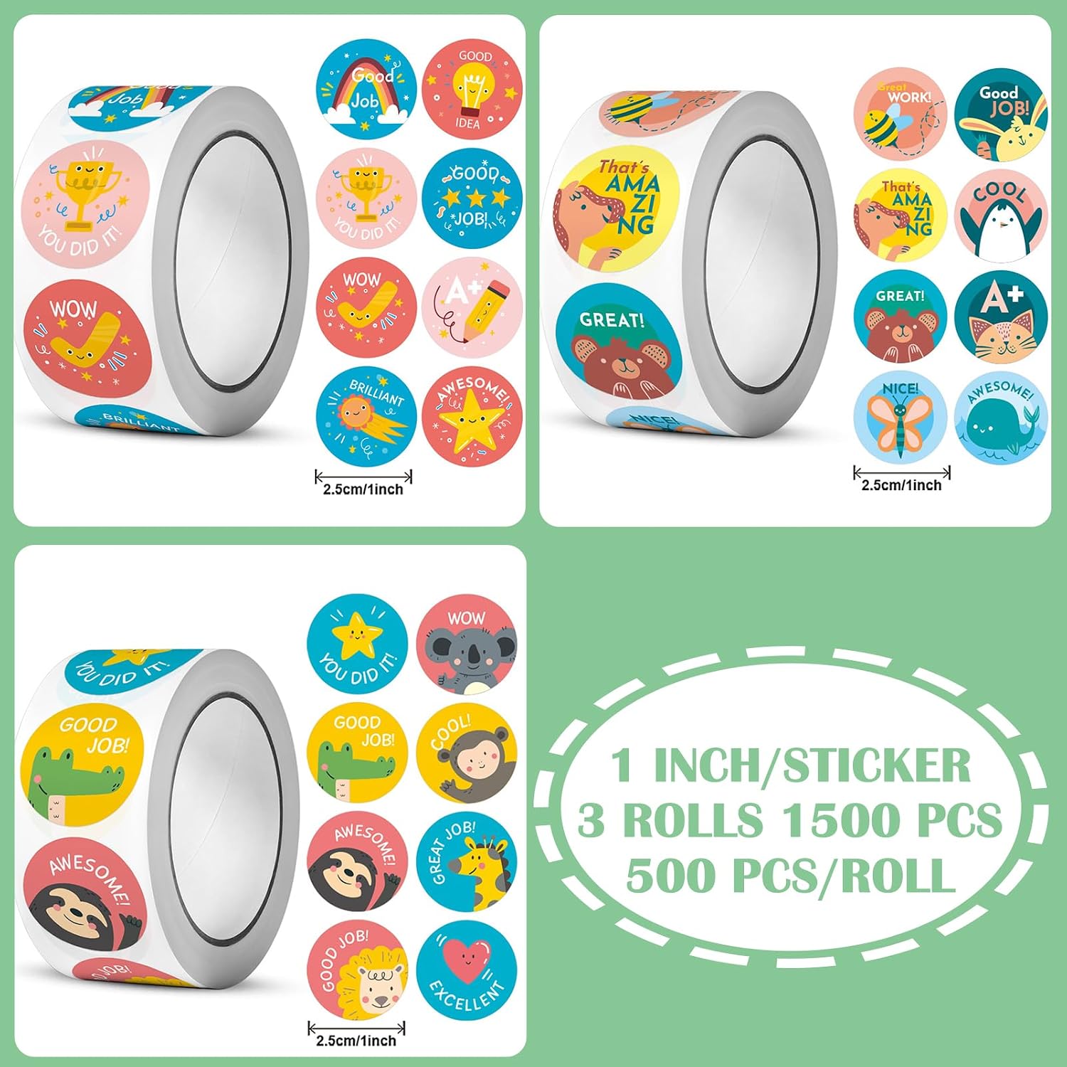 1500PCS Teacher Stickers, 3 Rolls Classroom Motivational Potty Training Stickers for Kids Students Reward School Supplies Teacher Must Haves-24 Cute Designs, 1 inch image 2