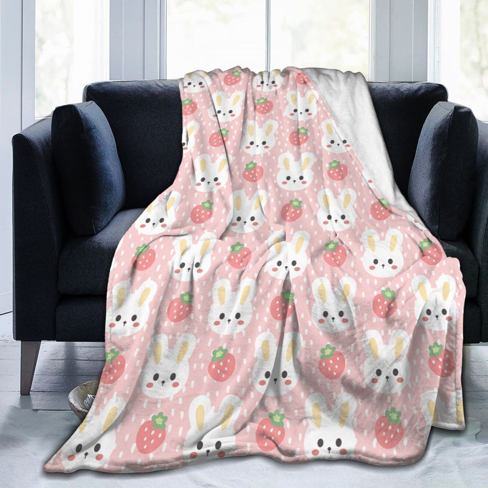 Lsjuee Bunny with Strawberry Throw Blanket Warm Cozy Lightweight Blankets Easter Rabbit Flannel Blanket for Sofa Couch Bed Office Holiday Decorative 50"X40"