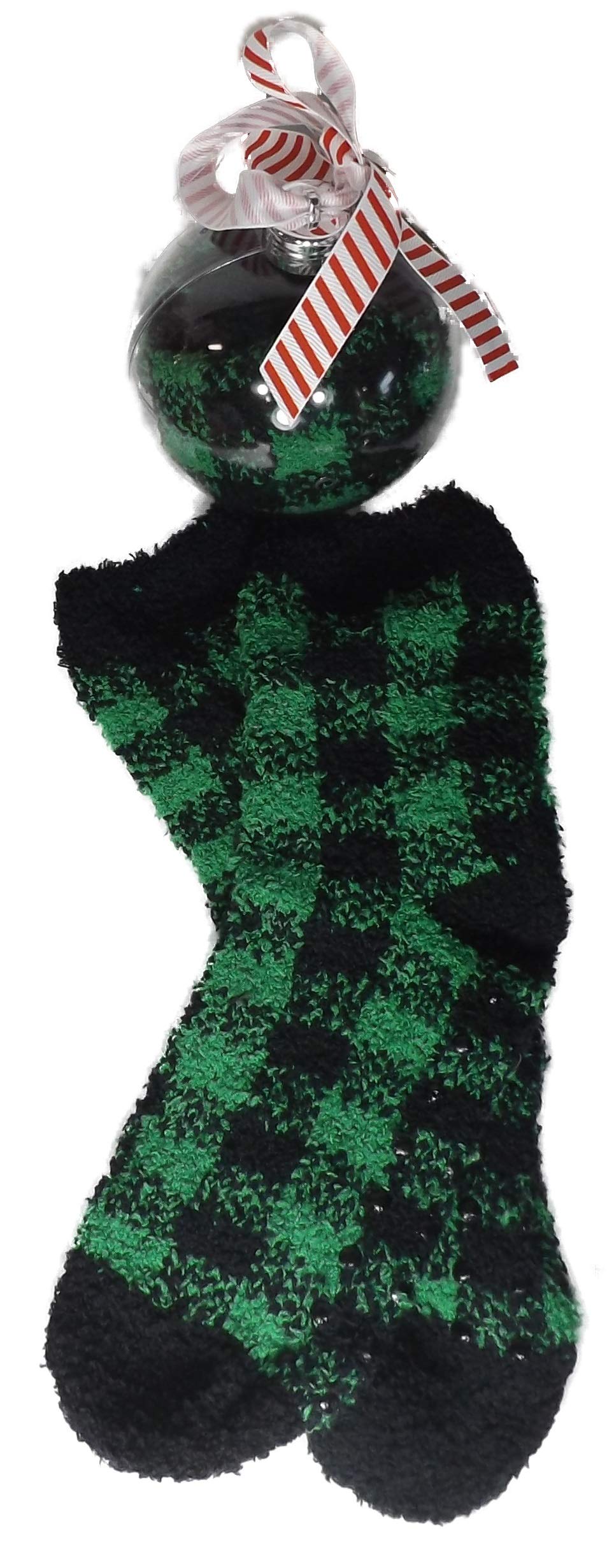 OnHoliday Footie Slip Resistant Colored Buffalo Plaid Socks in Acrylic Ball Ornament Christmas Tree Ornament (Green and Black)