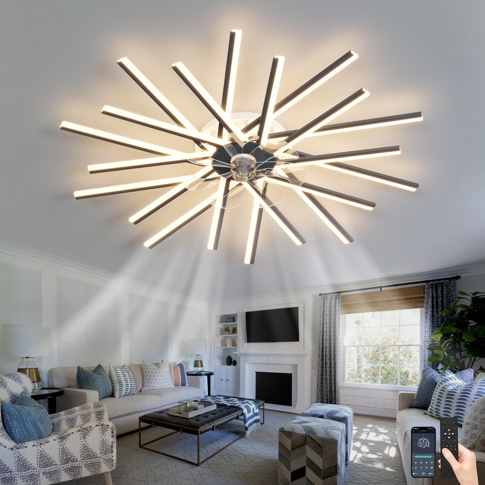 SXDMOUBK 6 Wind Speed Ceiling Fans with Lights and Remote Control Silence Chandeliers Ceiling Light Dimmable Reversible DC Fan Light Ceiling for Living Room Bedroom-Black||114cm