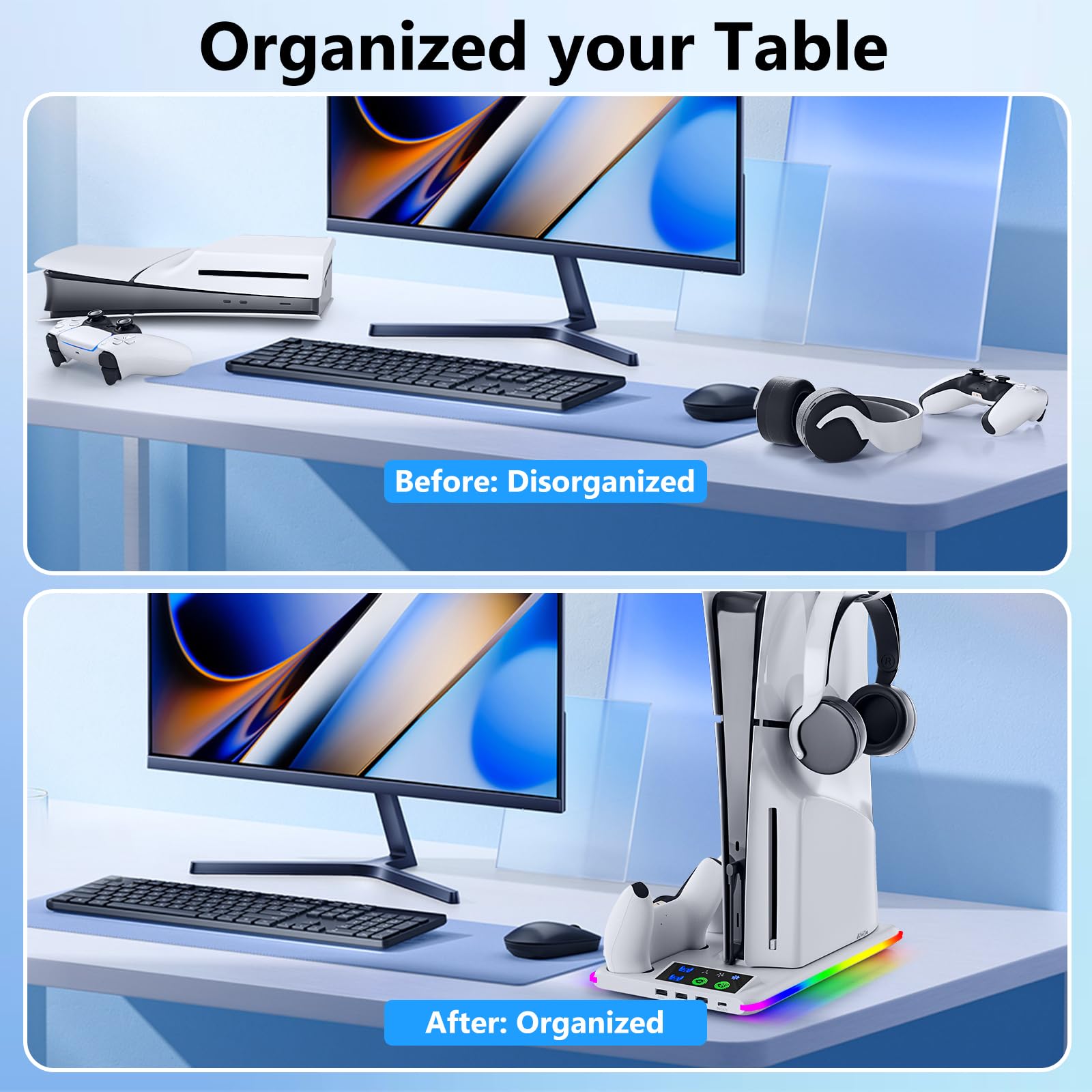 Caricabatterie controller per PS5/PS5 Slim/Pro: supporto per ventola di raffreddamento PS5 e stazione di ricarica per controller, accessori sottili PS5/PS5 dock di ricarica verticale per console