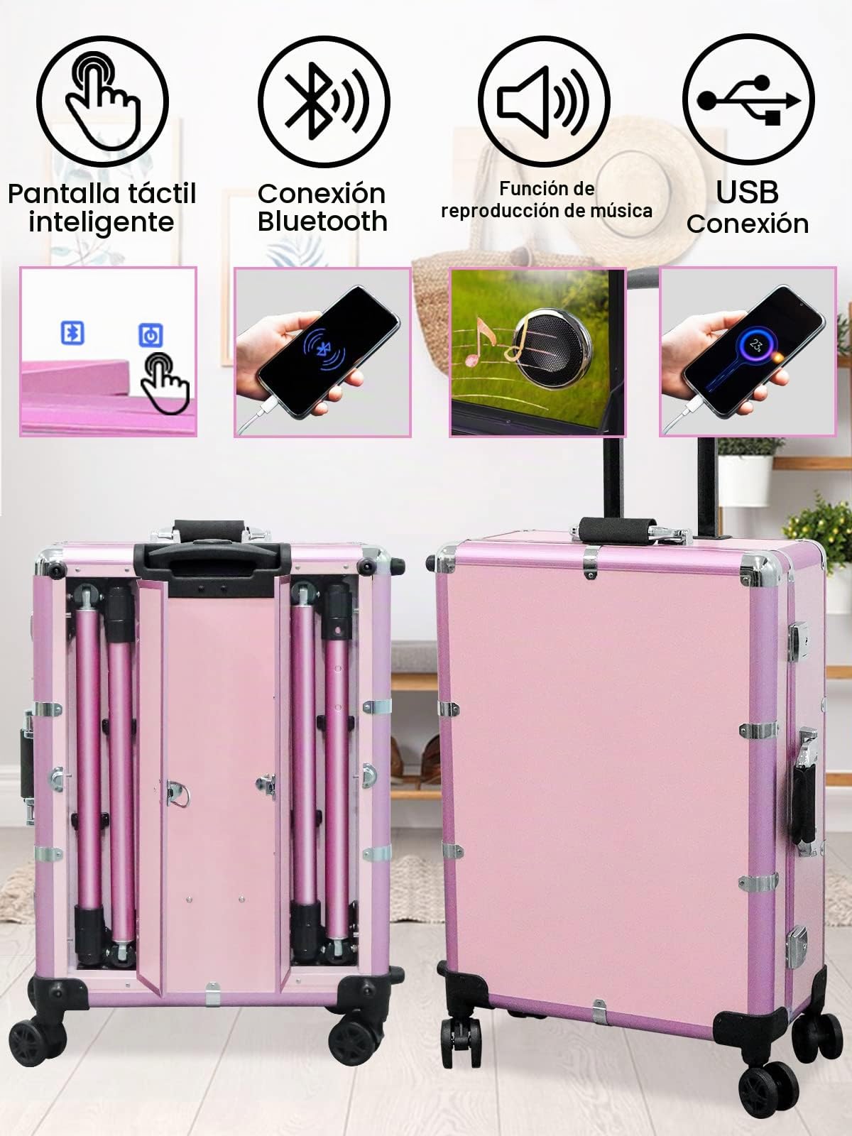 EBANKU Maleta de Maquillaje con Ruedas, Trolley con Luces LED y Bluetooth, Maletín Profesional de Aluminio para Maquilladores (Rosa)