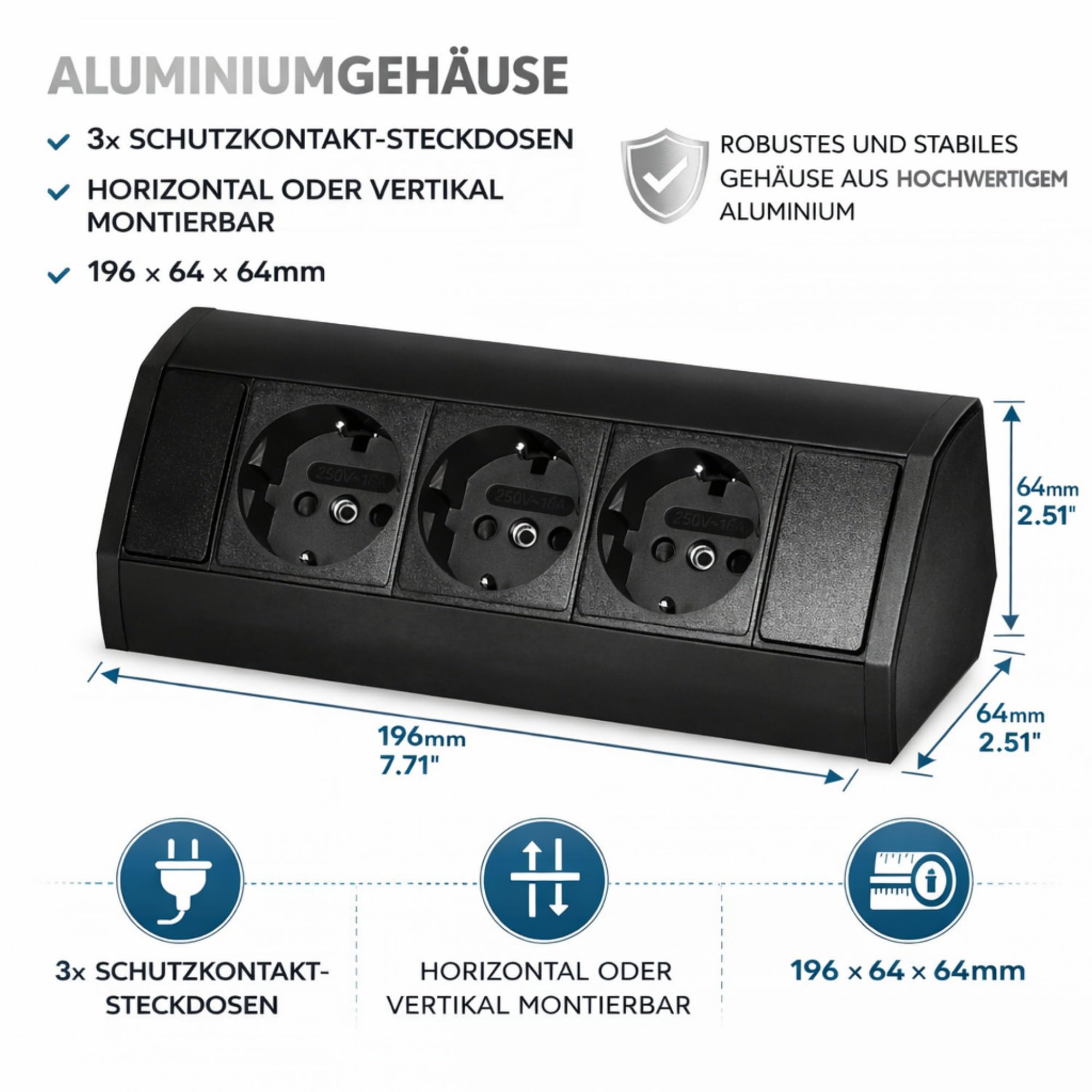 Aluminium Steckdosenleiste 3-Fach I Black-Edition