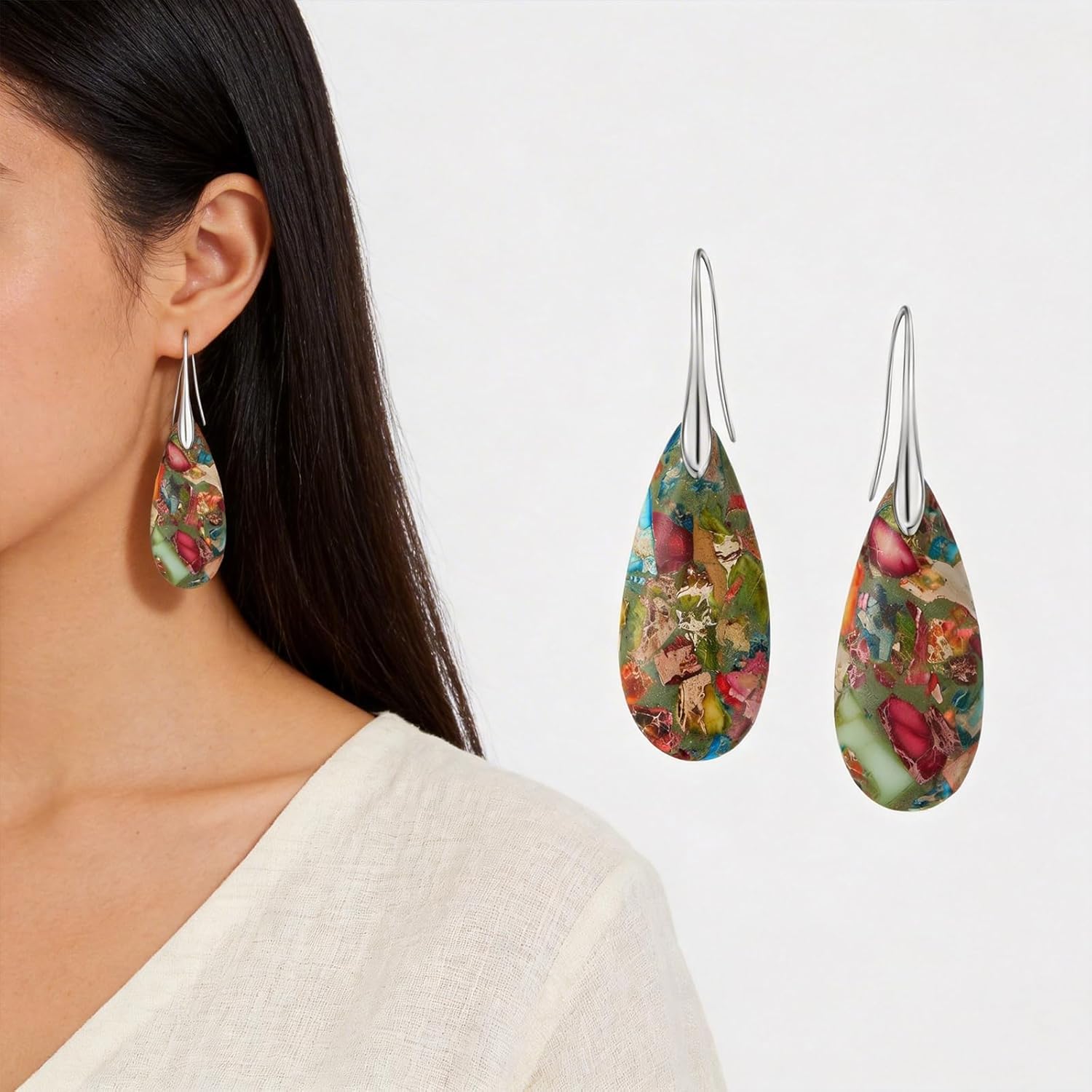 Sriomu Statement Earrings | Natural Stone Fish Hoop Dangle | Gold & Silver - Image 3