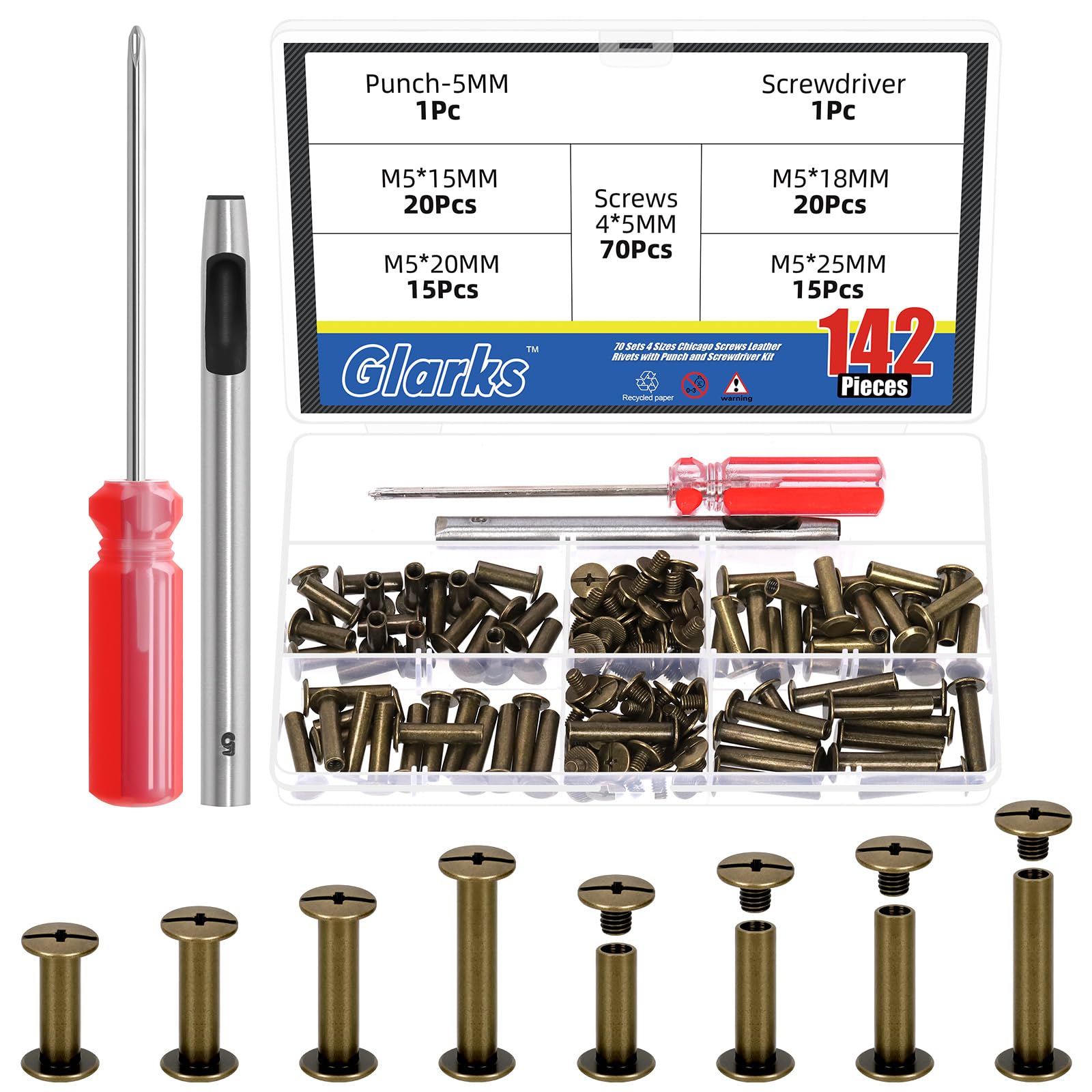 Glarks 70 Sets M5 x 15/18/20/25mm Bronze Chicago Screws Kit, Includes 70pcs Chicago Binding Screws, 1pcs Punch