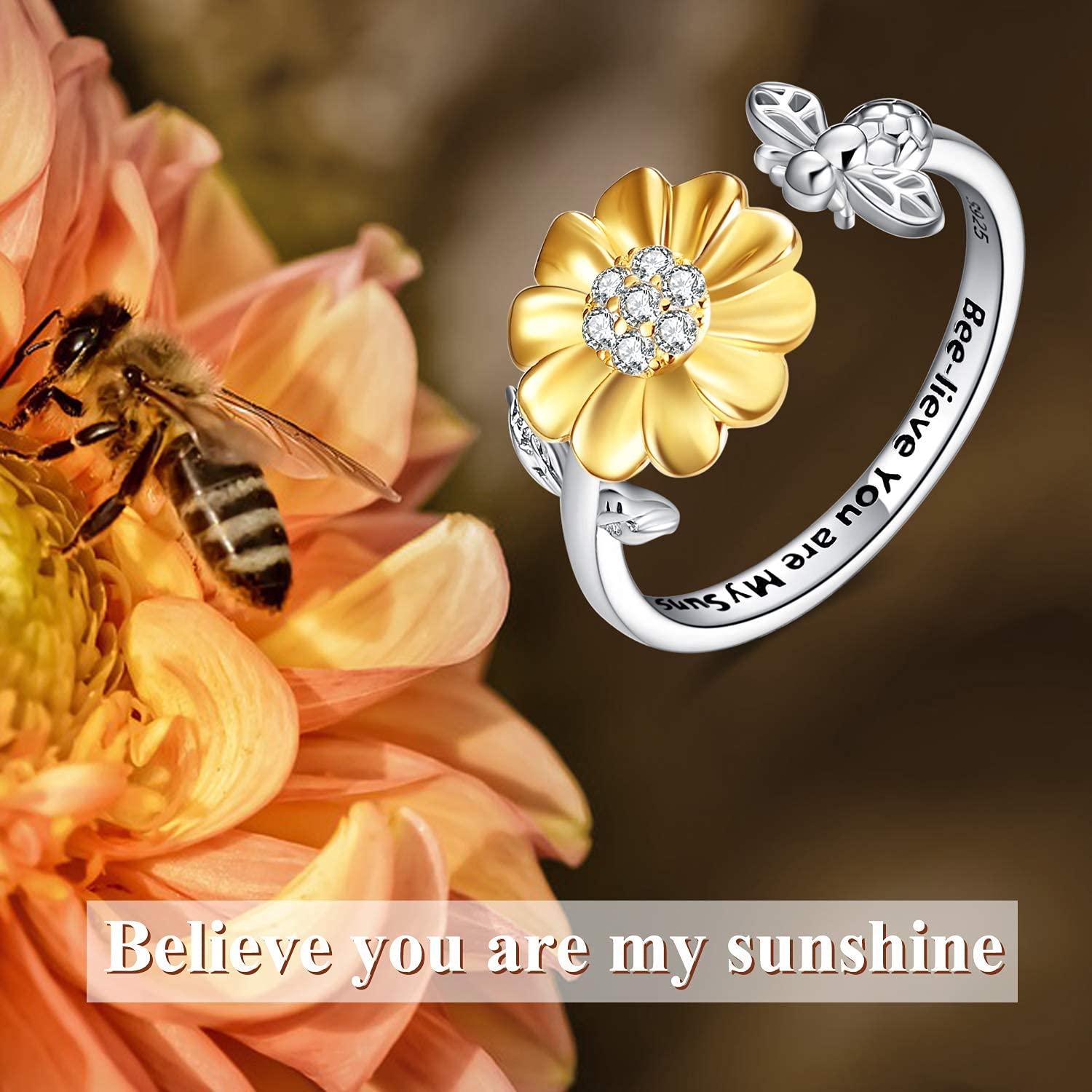 YFN Anillo girasol plata esterlina abeja anillo regalo de joyería para mujeres niñas