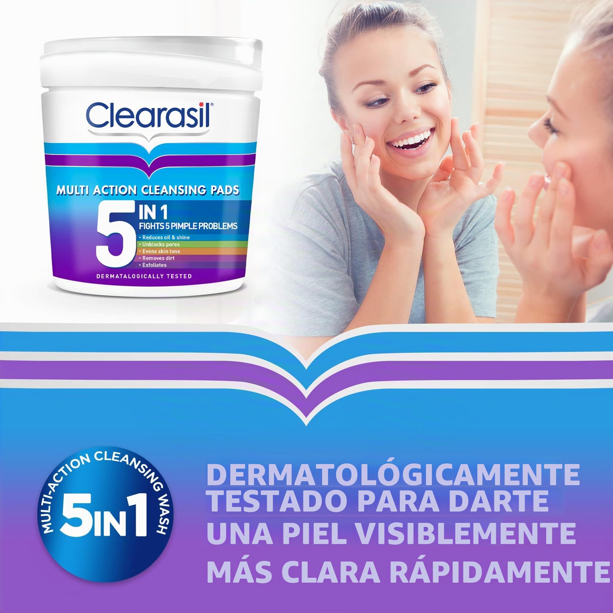 Clearasil Almohadillas de ácido salicílico ultra limpiadoras 5 en 1, exfoliante facial para piel propensa al acné, desbloquea poros, reduce puntos negros, espinillas y exceso de aceite, prevención