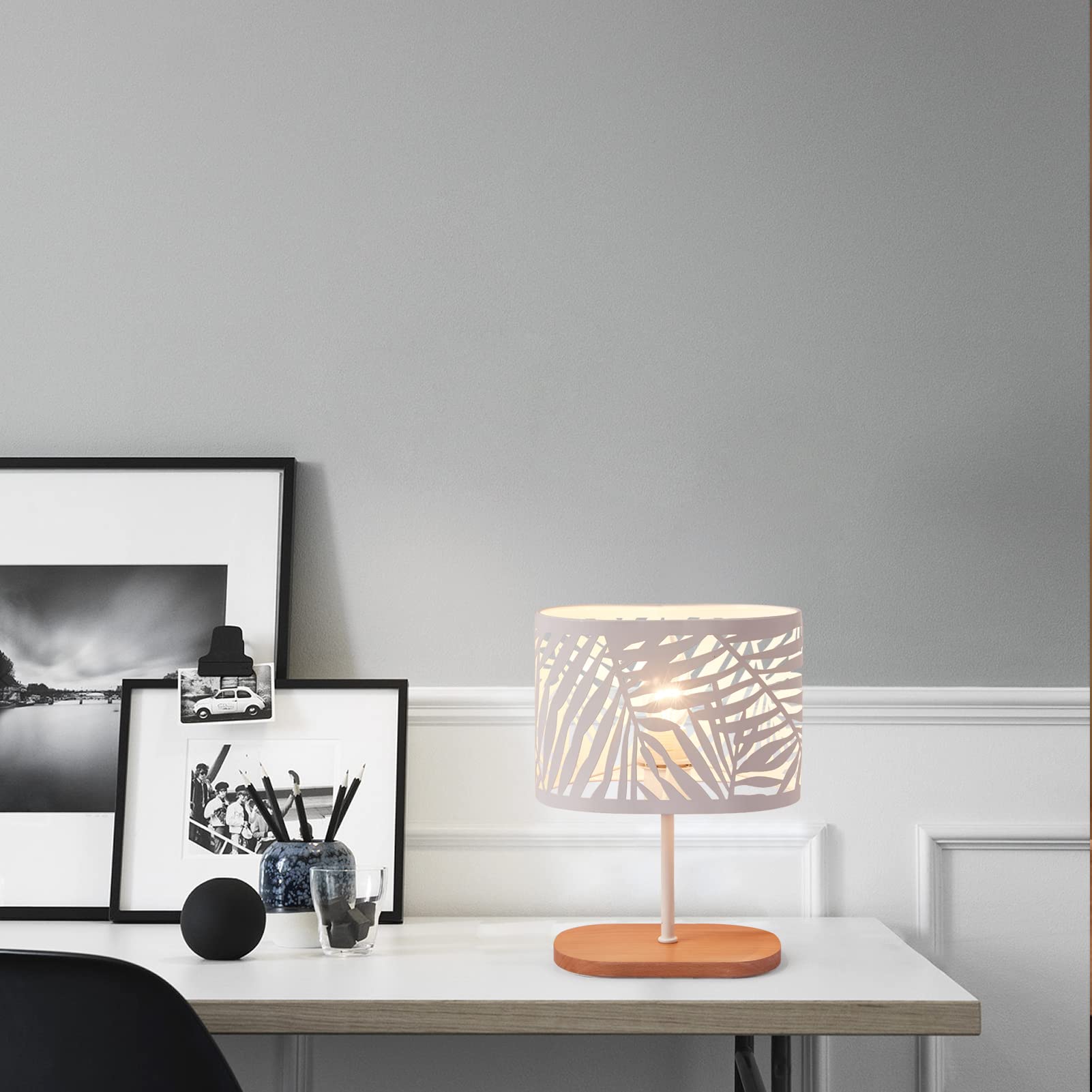 Lámpara de noche pequeña, lámpara de escritorio E14 con base de madera y pantalla de metal para dormitorio, habitación infantil, bar, blanco (sin bombillas)