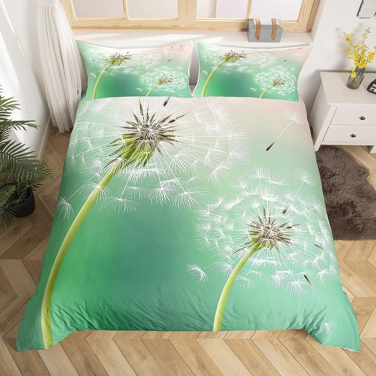 Housse de Couette 220x240 Pissenlit avec 2 Taies d'Oreiller pour Lit Adulte 2 Personnes