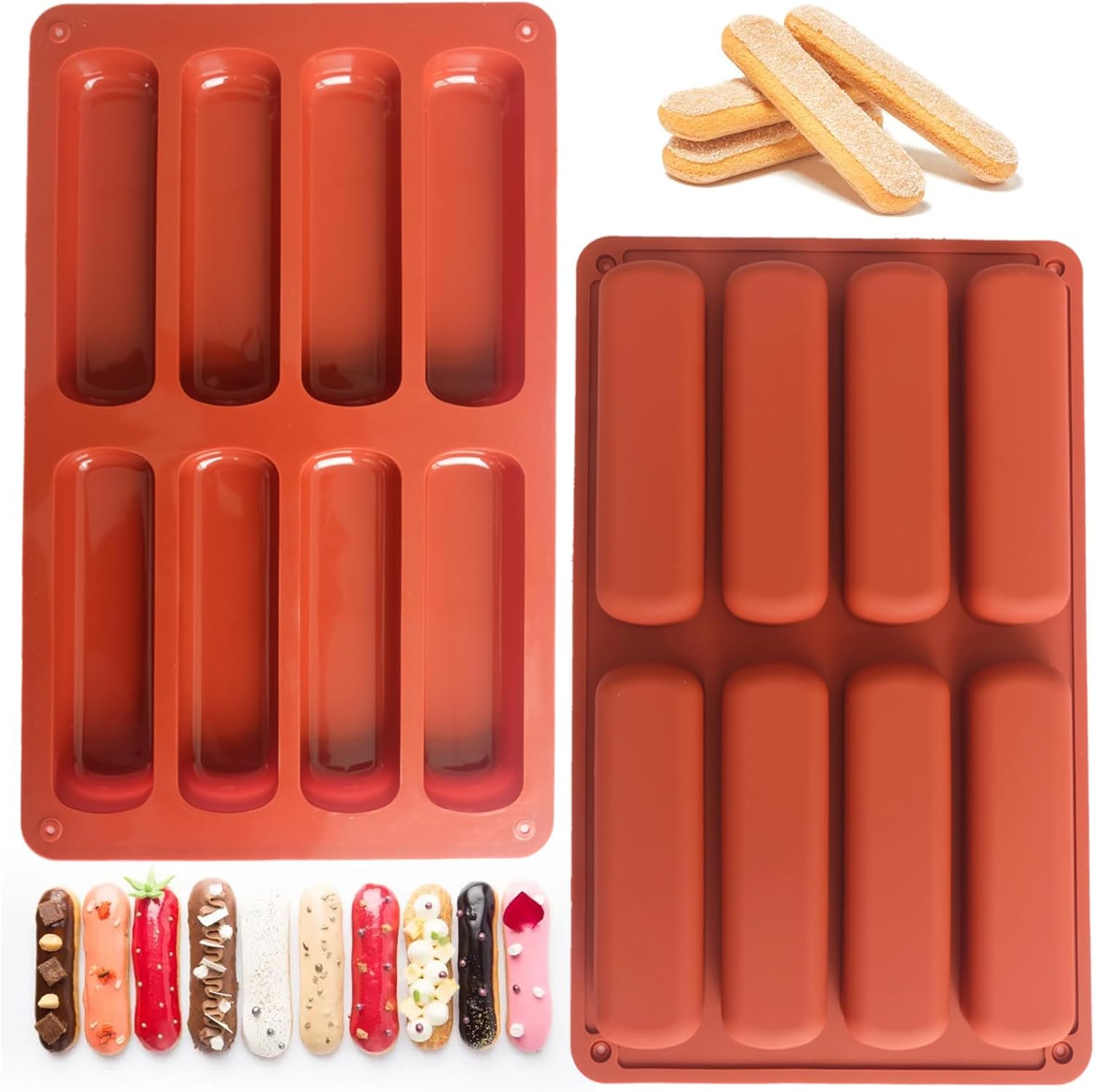 LEGACYCART 8 Cavity Long Strips Eclair Silicone Mould Slim Bar Chocolate Mould for Chocolate Muffin Cupcake Cookie Topper Cracker Bar Stick, Finger Biscuit, Hot Dog Bun Rolls Cake (Pack of 1)-picture-10