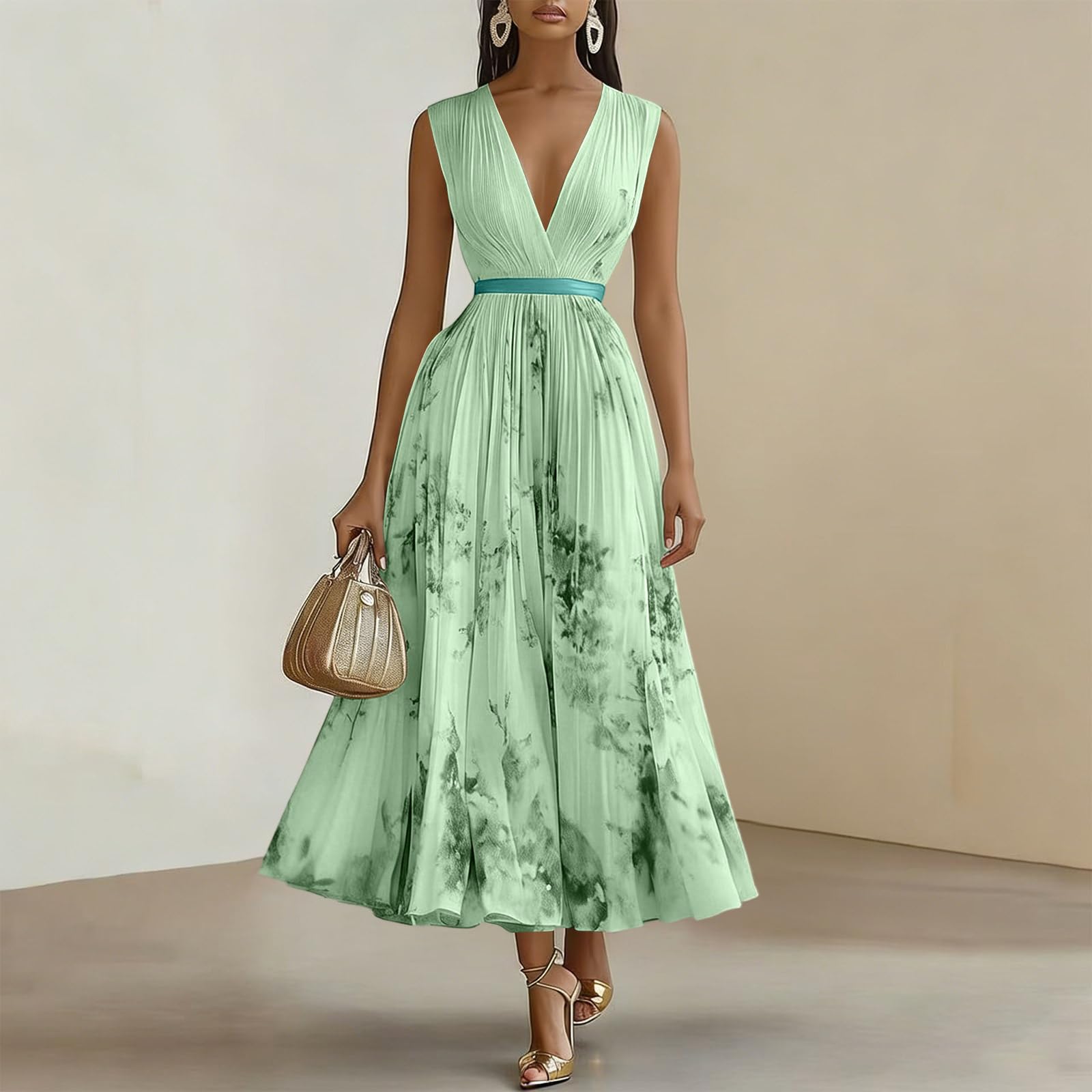 Robe Maxi Femme Imprimé Floral pour Mariage Invitée - Robe de Soirée Longue Col en V Taille Empire - Robes de Plage Bohème sans Manches Chic et Elegant Été