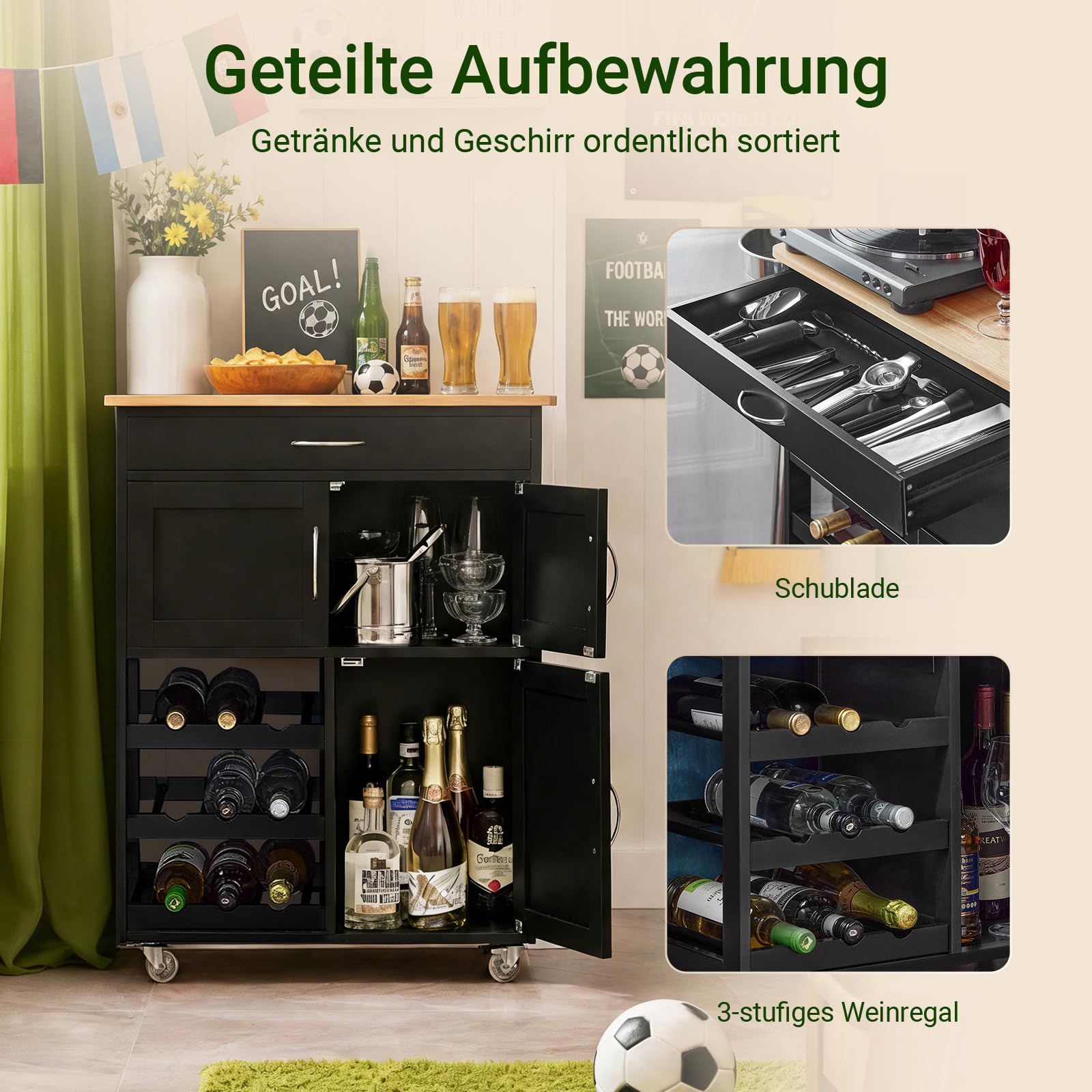 SoBuy Servierwagen mit Rollen und Weinregal 67x87x38 cm Küche und Outdoor | Küchenwagen mit Arbeitsplatte - Mobile Kücheninsel mit Schublade für kleine Küchen, Kaffee- & BBQ-Station MDF FKW45-SCH