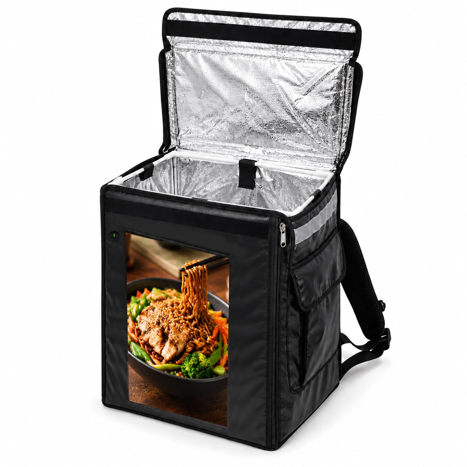 Mochila Térmica de Reparto con Pantalla, Tamaño de 43 × 36 × 51 cm | Resolución 1080P, Visión de 180° y Brillo Automático para Restaurantes, Campus y Zonas Peatonales Concurridas