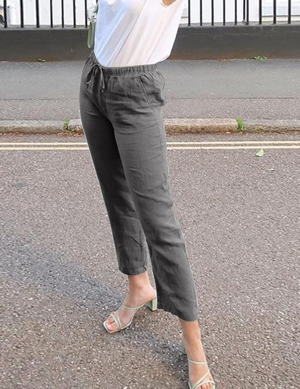 Yuson Girl Pantaloni Donna Tinta Unita Casual Pantaloni Elastico Pantaloni Leggeri Estivi Traight con Coulisse Pants Pantaloni in Cotone e Lino con Tasche