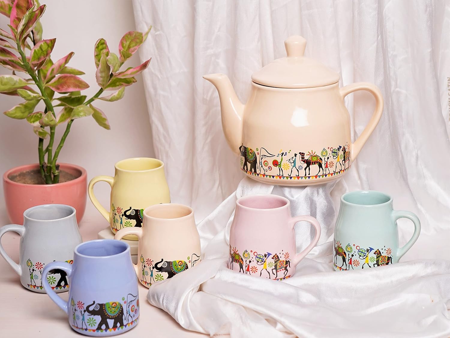 DEEDECORWAVE Ceramic Pastel Tea Set – 1 Kettle + 6 Cups – Multicolor | Premium Tea Cups & Kettle Set | Microwave & Dishwasher Safe | Elegant Gift for Birthday, Anniversary, Christmas, Housewarming