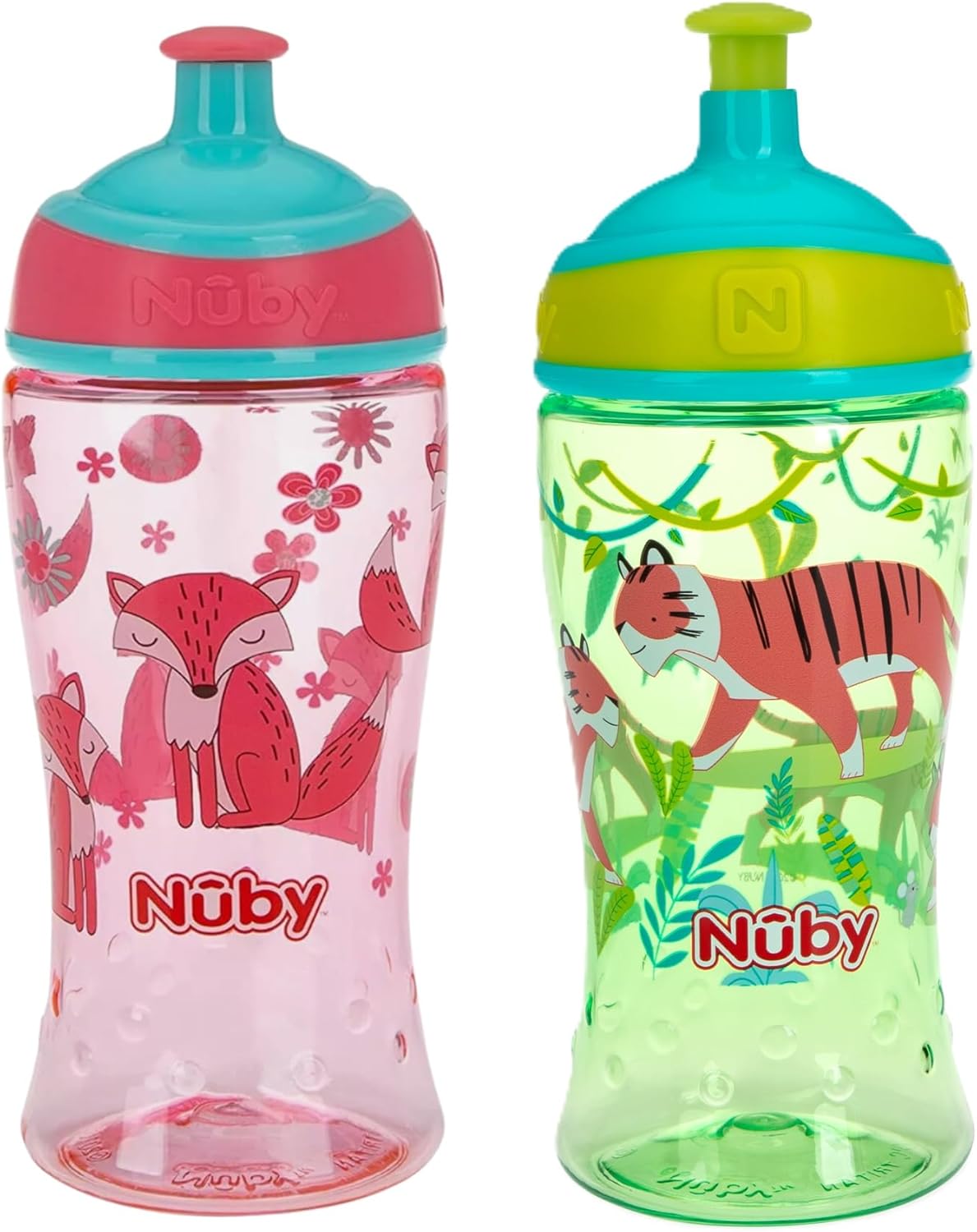Nuby Printed Kids Pop Up Sipper Water Bottle 12oz, 2 Count – Coral, Green
