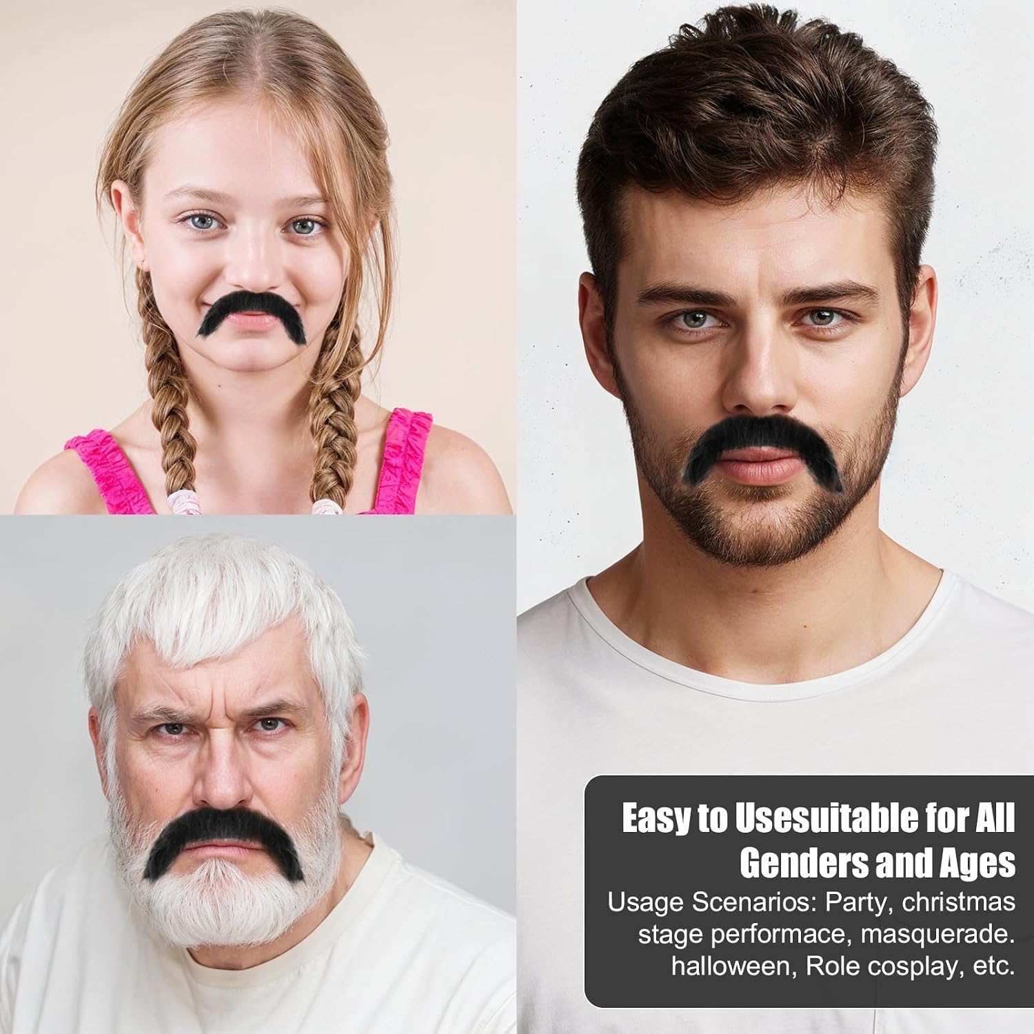 6 Pcs Black Fake Mustaches, Stick On Mustache, Realistic Fake Facial Hair, Novelty Handlebar Fakes Beard for Cosplay Costumes, Theme Party and Halloween