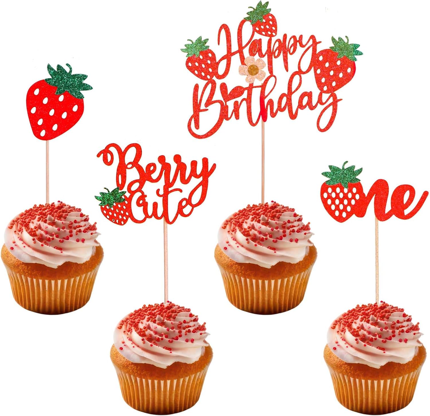 25 Pack Cupcake Toppers Glitter Strawberry Cupcake Picks Fruit Berry Decorations for Summer Strawberry Baby Shower Kids Birthday Party Supplies Red